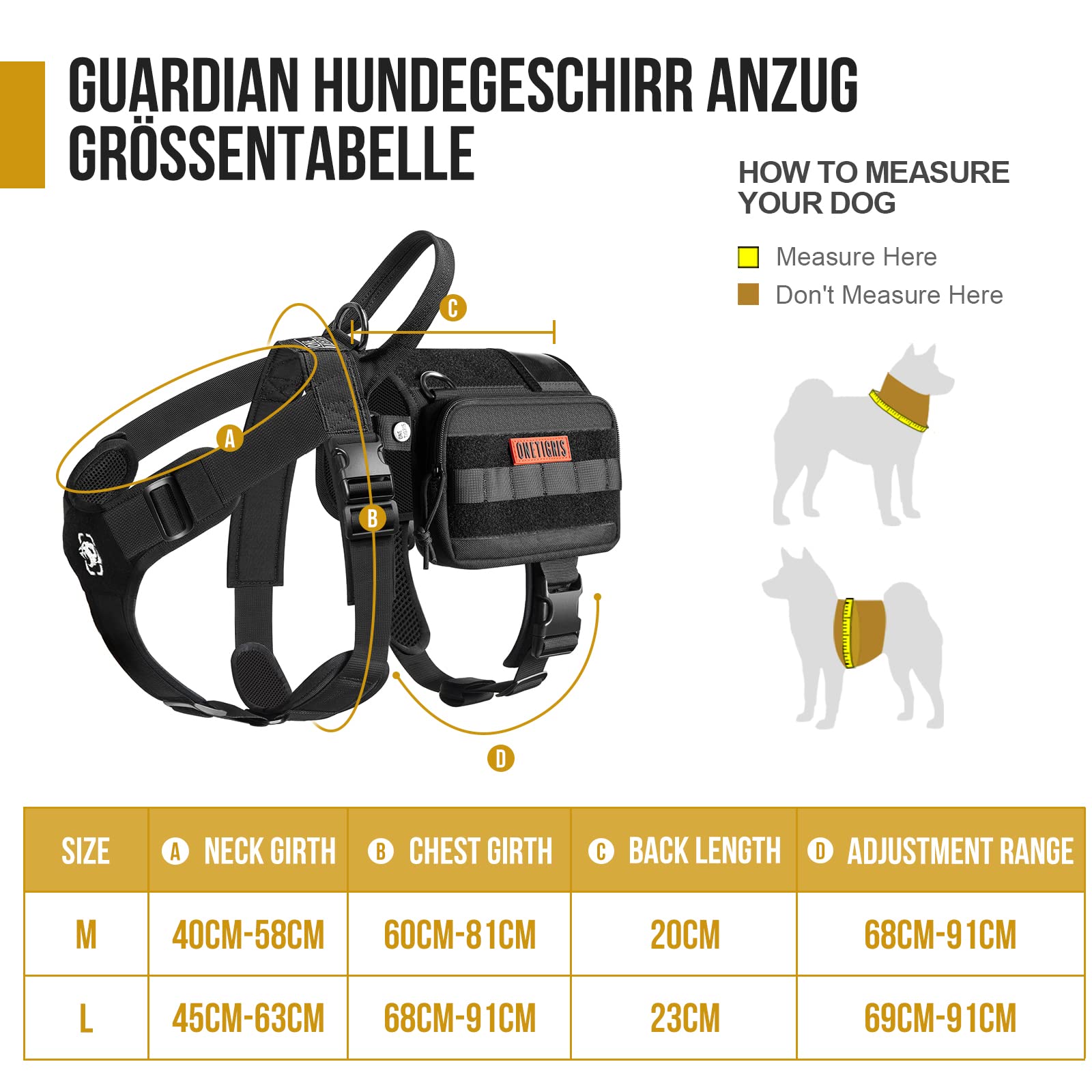 OneTigris Guardian Arnés para Perros Traje, Servicio Arnés para Perros con 3 Anillos D de Acero Inoxidable y Bolsillo de Gran Capacidad, Correa de Pecho con Cómodo Acolchado - Negro