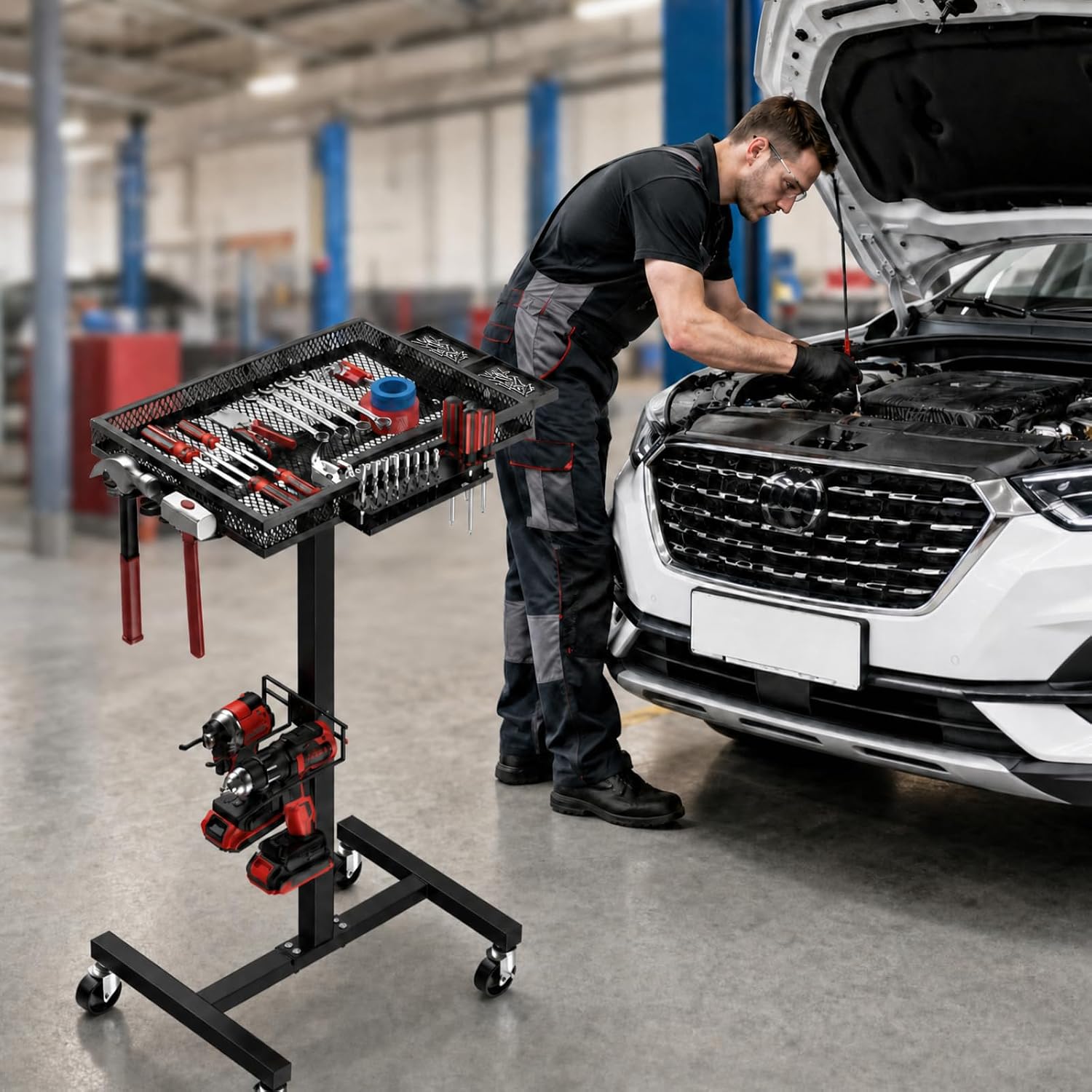 Metal Rolling Tool Tray with Wheels, Mobile Mechanic Work Cart | Rolling Work Table with Side Tool Slots & Mesh Tray, Ideal for Garage & Workshop
