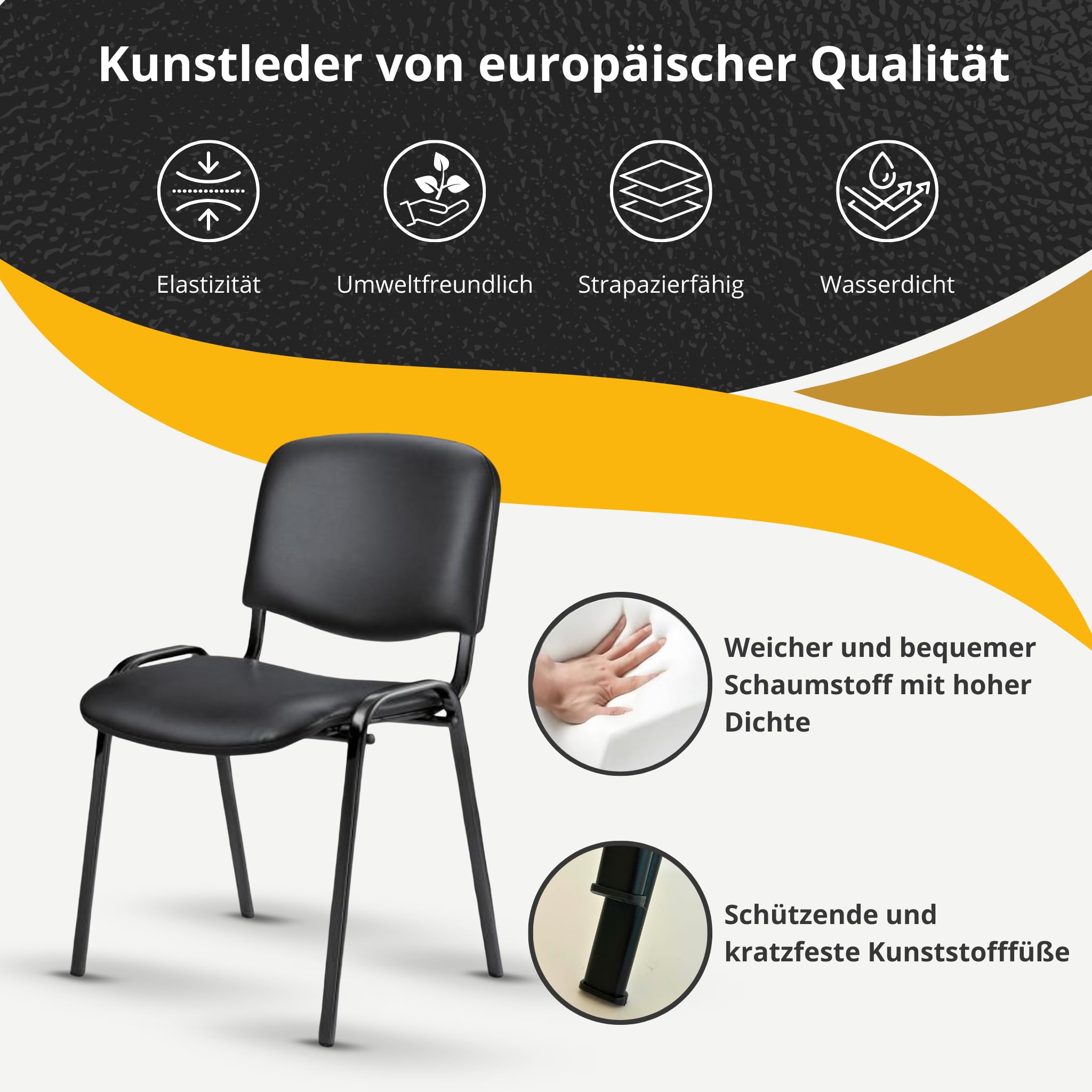 Topsit Wartezimmerstuhl aus Kunstleder, stapelbarer Besucherstuhl, Metallgestell Bürostuhl, Konferenzstuhl, Home Office, Rezeption (Schwarz)