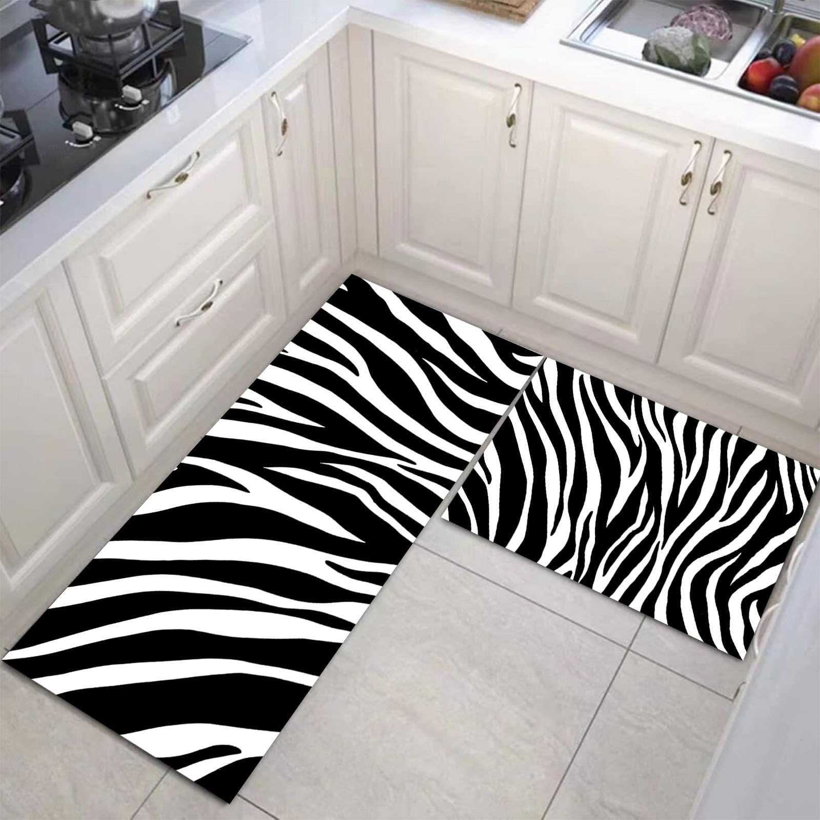 Alfombras de cocina de diseño cebra juego de 2 tapetes geométricos estables y elegantes para hogar
