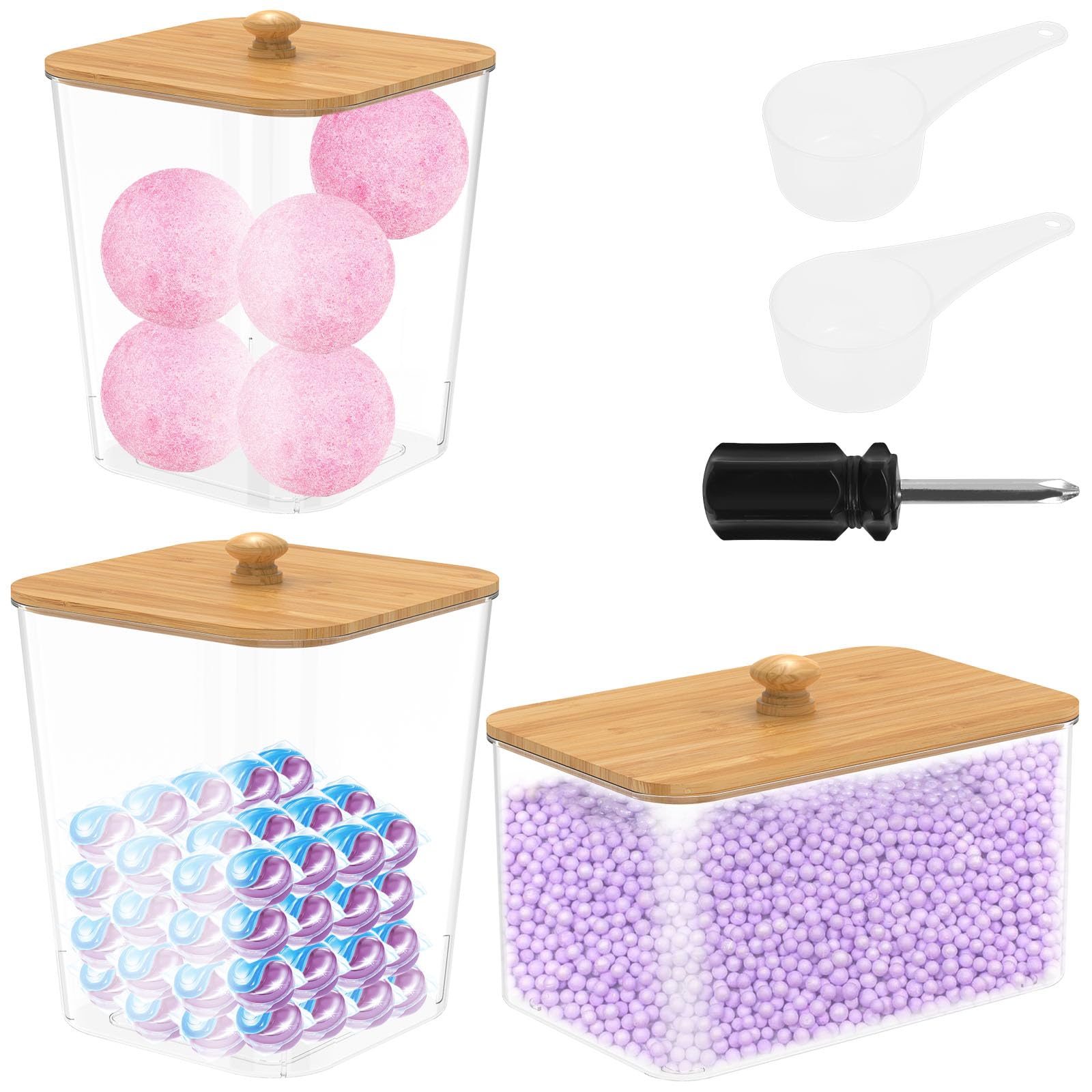 Lulobtg Laundry Detergent Storage, Clear Laundry Pods Container, 2Pcs Acrylic Washing Powder Storage And Dryer Sheet Holder With Bamboo Lid For Washing Pods, Bath Bombs, Scent Booster
