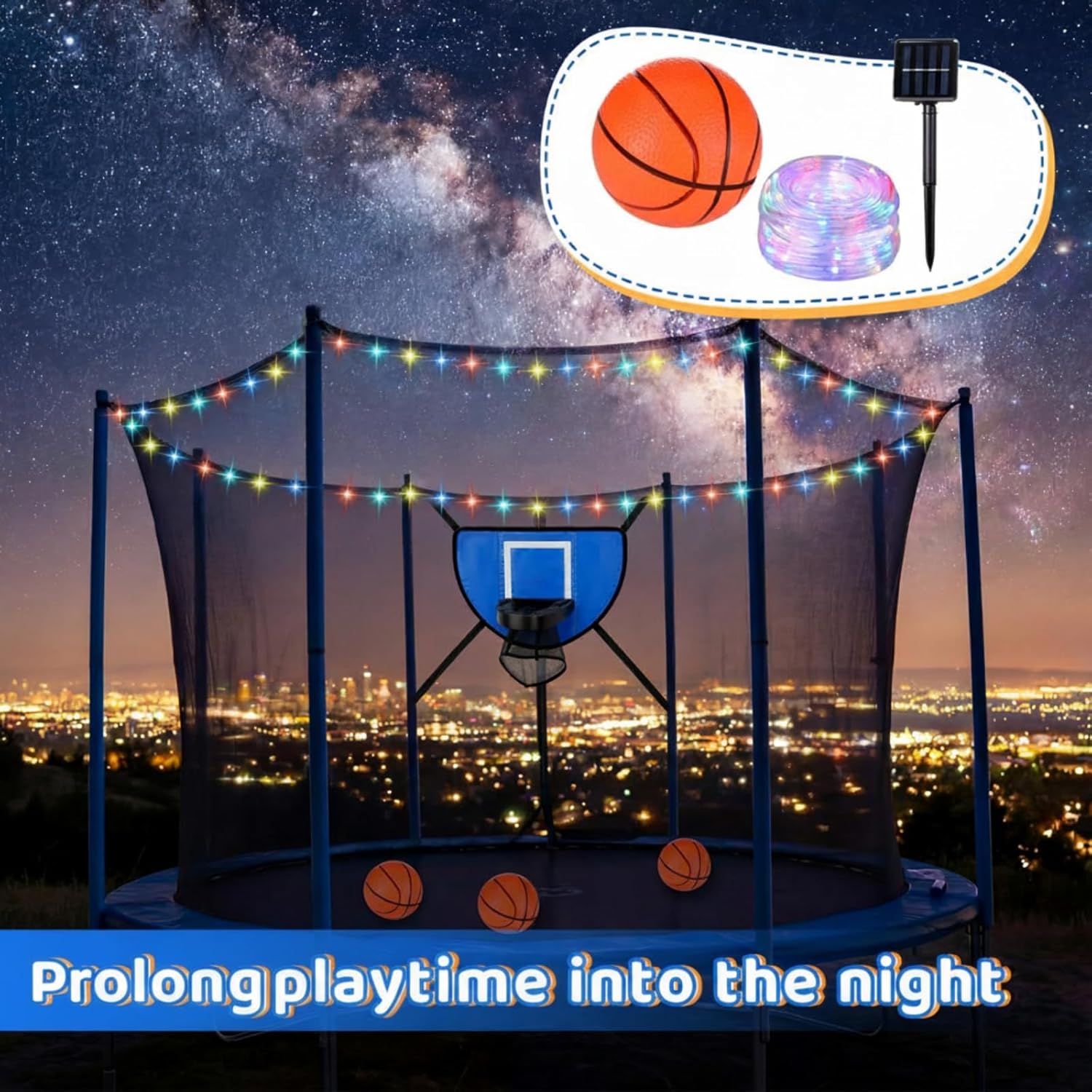 Hoteam Trampoline Basketball Hoop Trampoline Accessories Kit with 3 Mini Basketballs 50 ft Solar Powered LED Lights, Pump Fit 8 10 12 14 15 16 ft for Dunking Straight Pole and Curved Pole