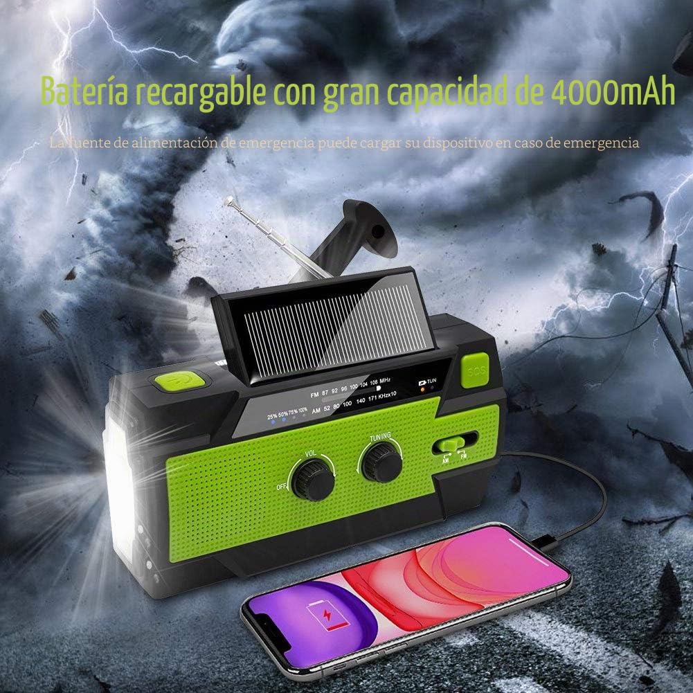 Nigecue - Radio Solar portátil con Dinamo y Radio Am/FM, batería Recargable incorporada de 4000 mAh, Linterna LED 4 Modos, lámpara Lectura Sensor Movimiento, Alarma Emergencia para Exteriores