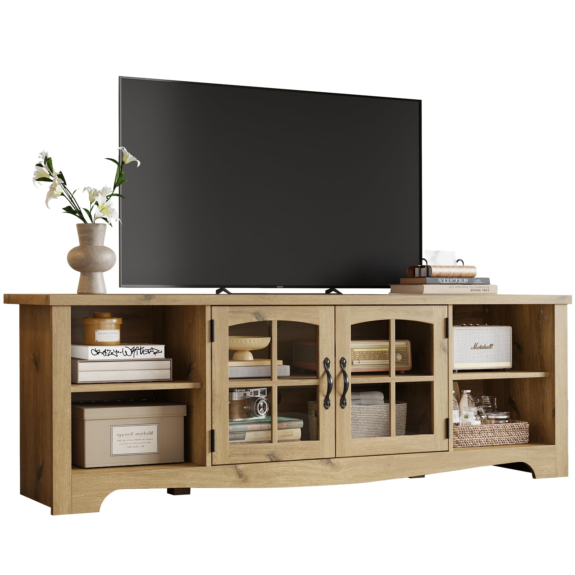 LINSY HOME TV Stand for 75 Inch TV, Modern Farmhouse Entertainment Center with Storage Cabinets and Glass Doors, Tall Media Console Table for Living Room, Bedroom, Large Long Television Stand, Oak