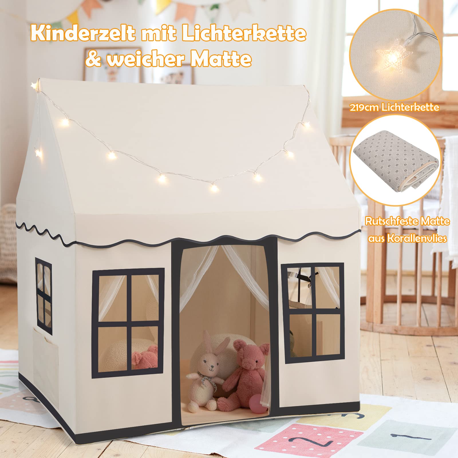 DREAMADE Spielzelt für Kinder mit Lichterkette und gepolsterter Matte, Tipi Zelt, Kinder Spielhaus mit Fenstern, Kinderzelt für Jungs und Mädchen, für Indoor und Outdoor (Beige + Schwarz)