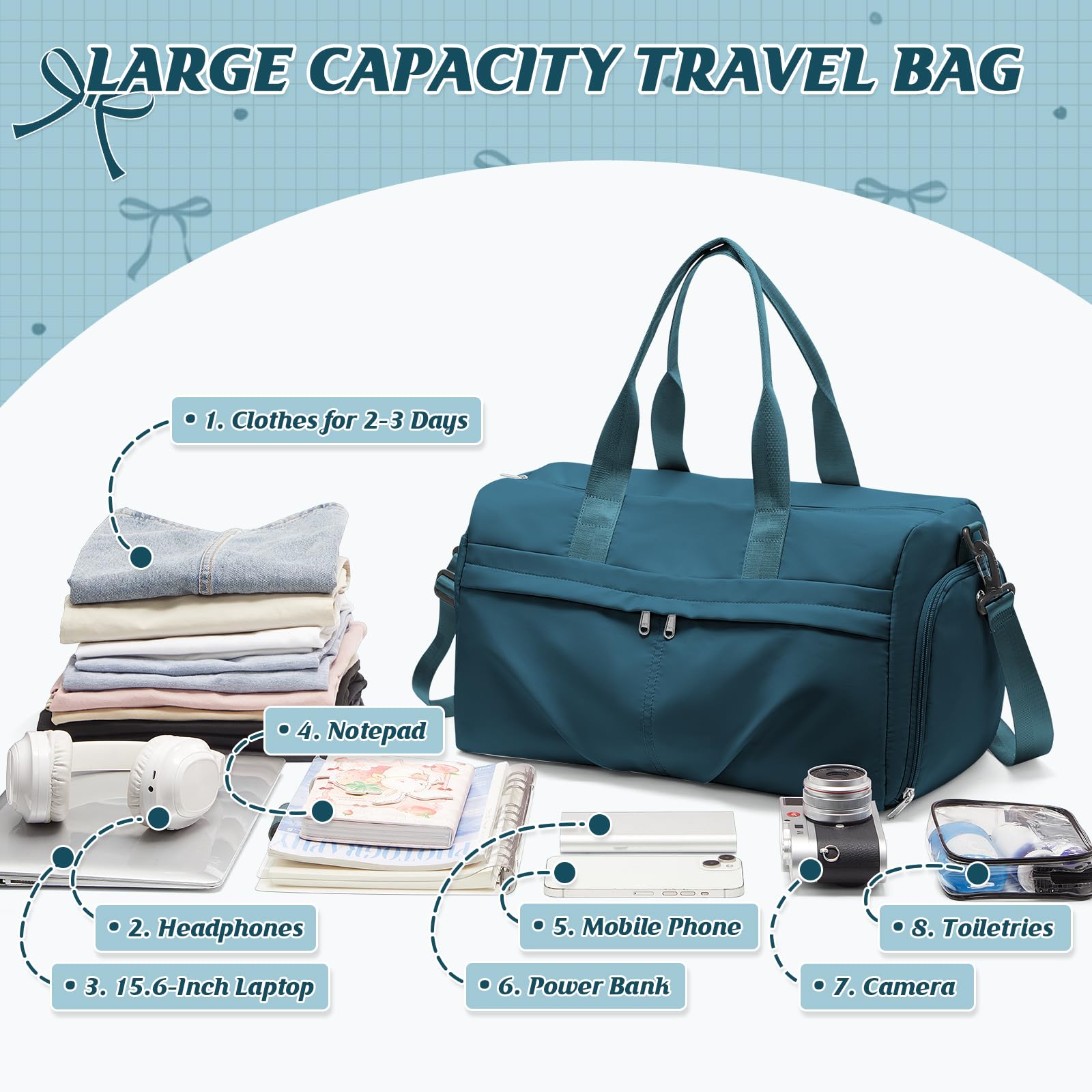 HYC00 Borsone Palestra Uomo Donna Borsa Sportiva Borsone da Viaggio Sportivo Borsa da Weekend Palestra Grande per Donna Impermeabile Duffel Bag Sport with Tasca Asciutta e Bagnata e Scarpe,Blu Pavone
