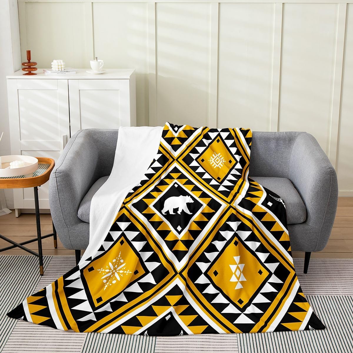Erosebridal Rustic Western Blanket Queen 90x90 Southwestern Aztec Flannel Blanket for Bed Sofa Crib Vintage Bear Bohemian Bedroom Decor Ethnic Farmhouse Geometric Diamond Fuzzy Plush Throw