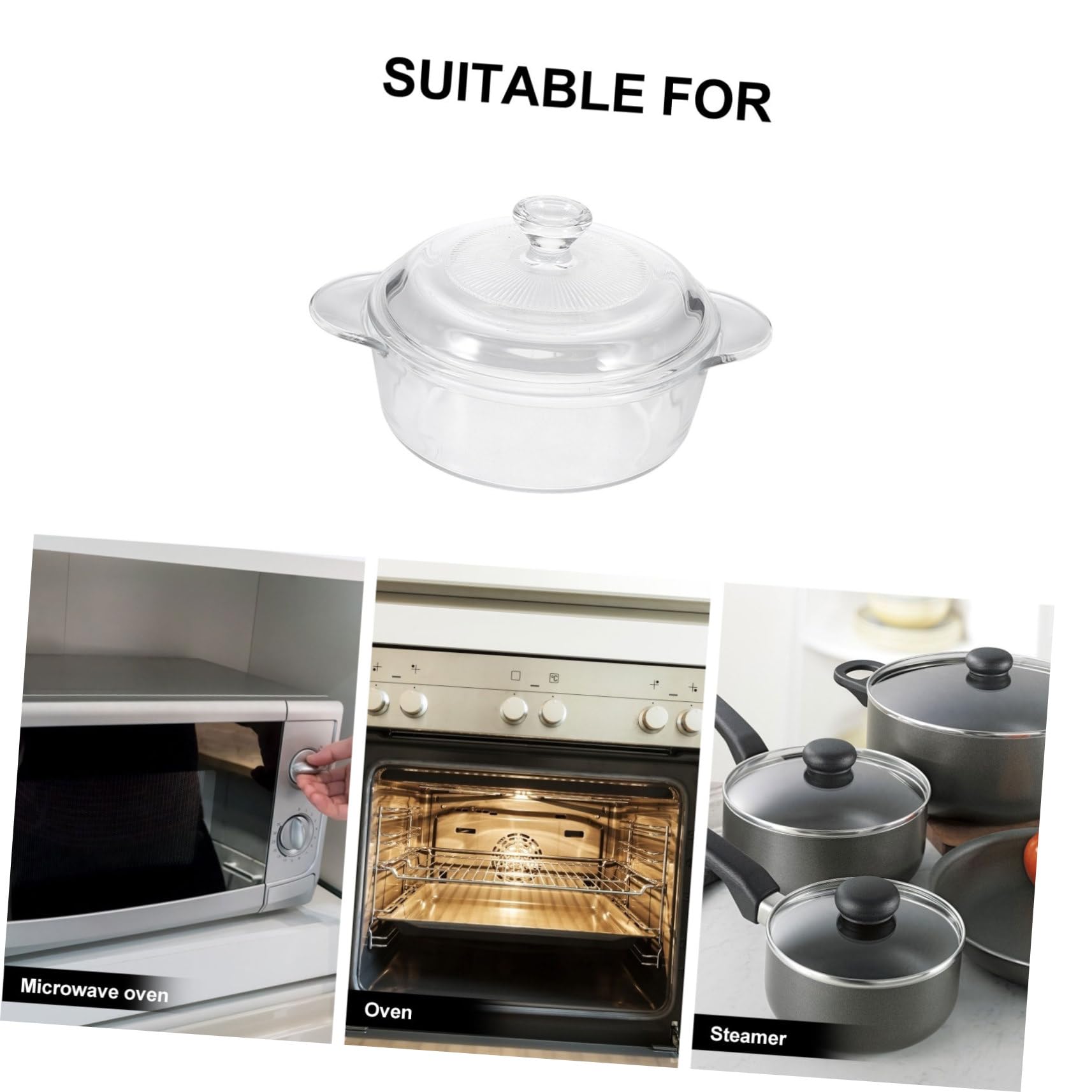 Toyvian Olla de Vidrio Templado con Tapa y Doble Asa Resistente al Calor para Guisos Caseros y Cocina Horno y Microondas