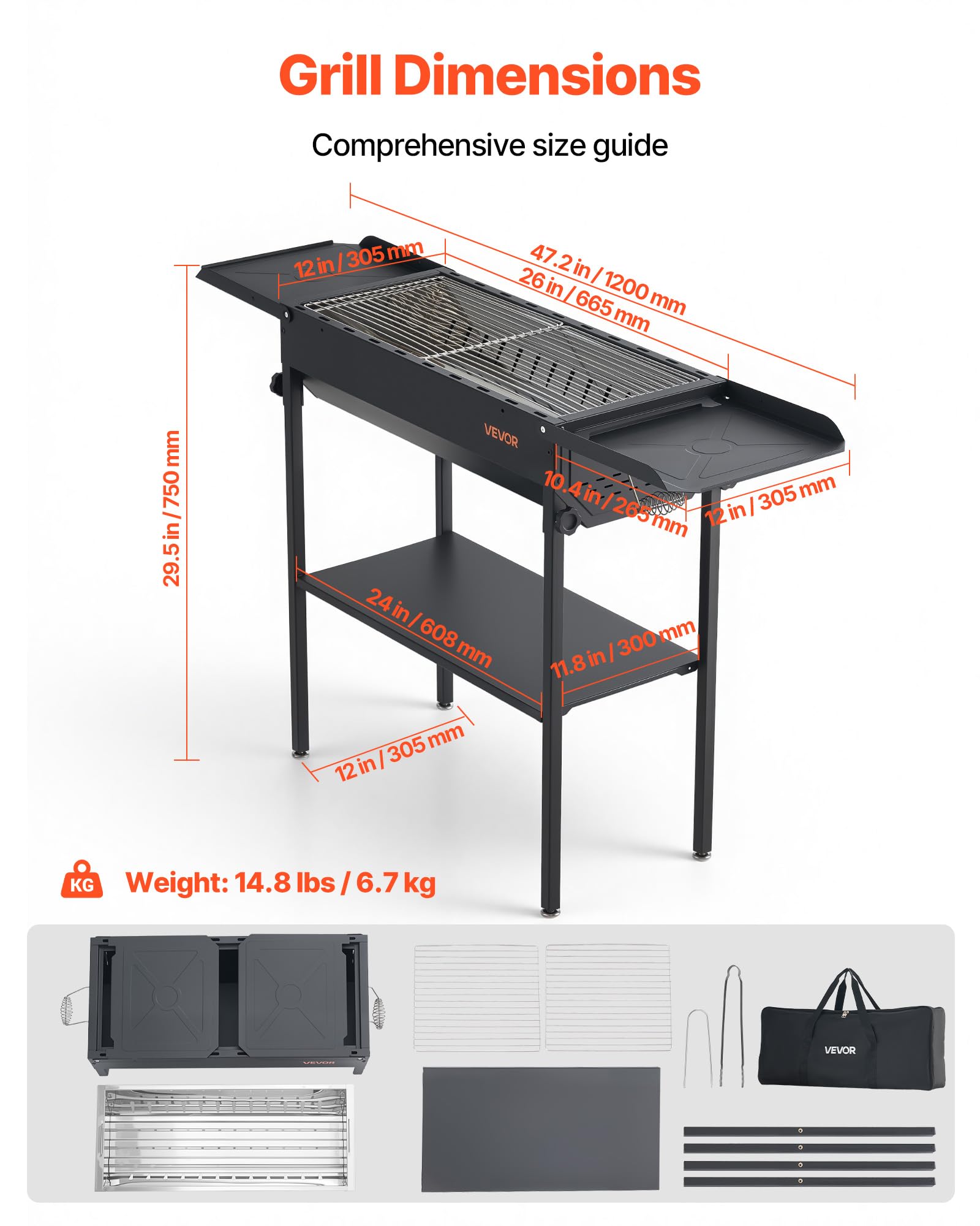 VEVOR Griglia per Barbecue a Carbonella Pieghevole, Barbecue Portatile Altezza Regolabile con Ripiani Laterali per Spezie Salsa, Griglia a Carbone BBQ da Campeggio Picnic Feste da Esterno Giardino