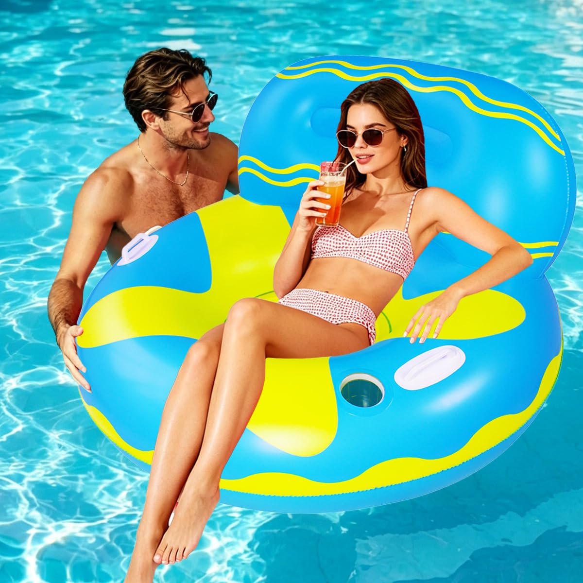 Galleggiante per piscina per adulti, galleggiante per piscina per adulti, zattera per piscina con fondo in rete, con due maniglie e un grande portabicchieri, ideale per rilassarsi in piscina, blu.