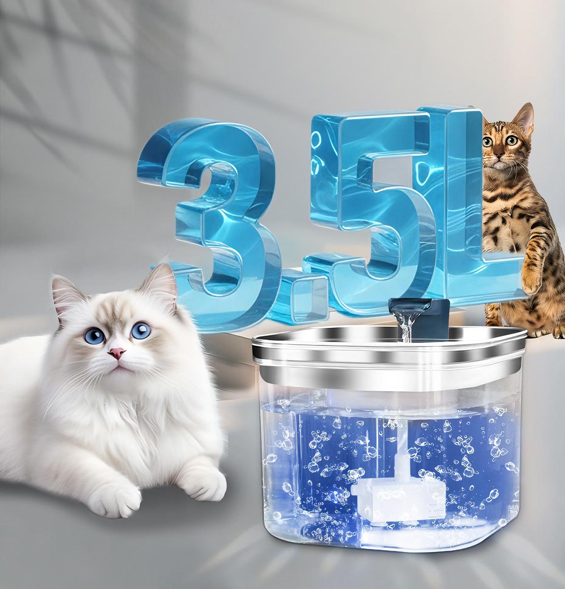 3.5 L Stainless Steel Cat Water Fountain,Royal Claws Ultra Quiet Automatic Pet Drinking Fountain with LED Light & Triple Filtration, Dishwasher Safe Cat Fountain for Fresh Flowing Water