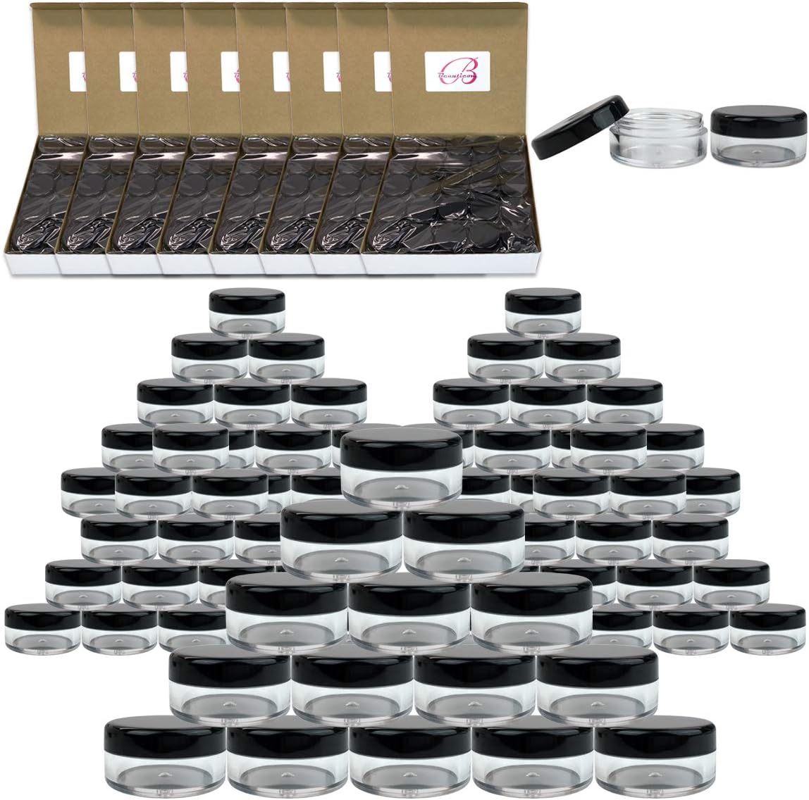 Beauticom 5G/5ML Round Clear Jars with Black Lids for Powdered Eyeshadow, Mineralized Makeup, Cosmetic Samples - BPA Free (Quantity: 1000pcs)