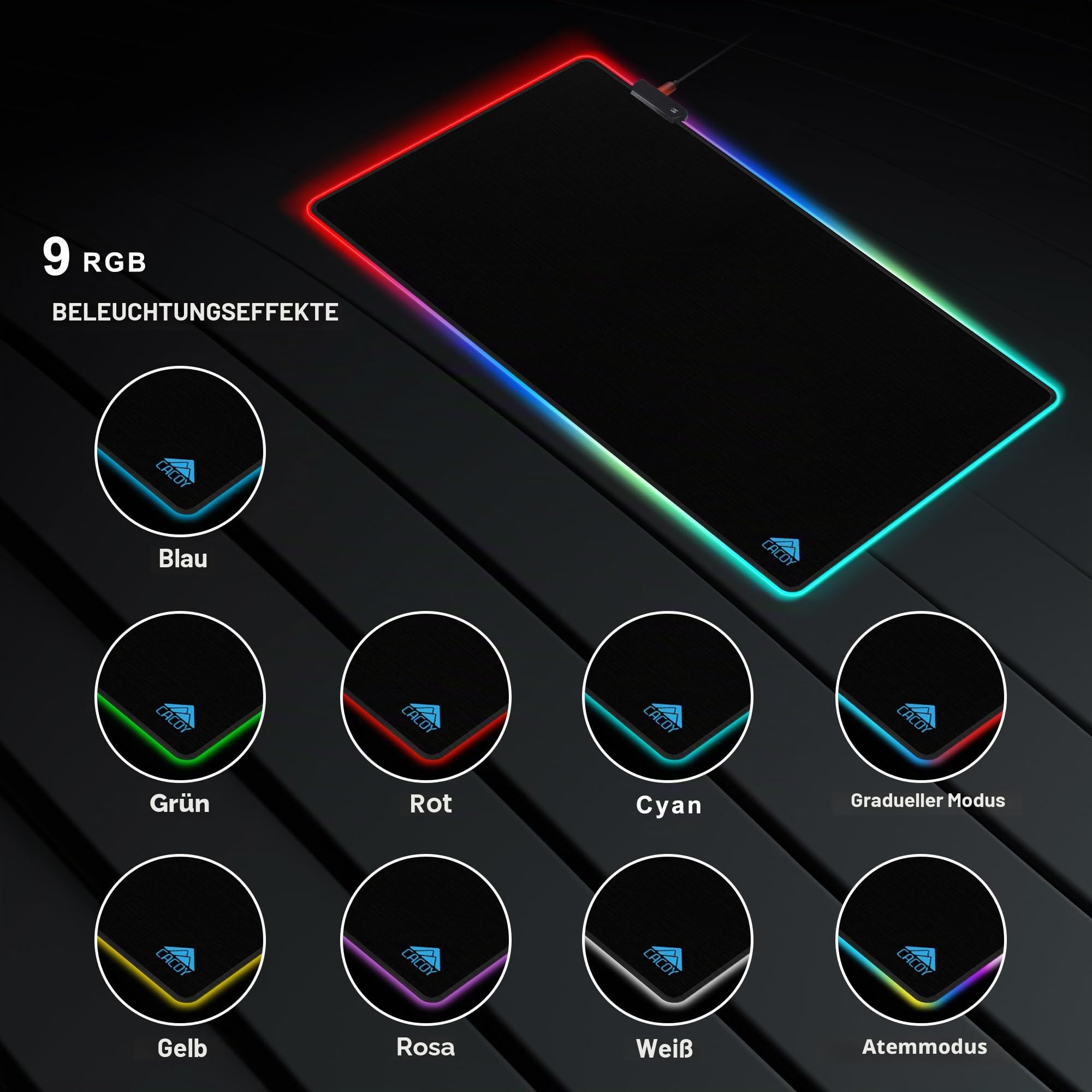 Cacoy 1100x600mm RGB Gaming-Mauspad, Großes Mauspad 9 Beleuchtungs-Modi LED | Übergröße Schreibtischunterlage, Rutschfester Gummibasis Mousepad XXL, Verbessert Geschwindigkeit für Zuhause&Büro, Schwarz