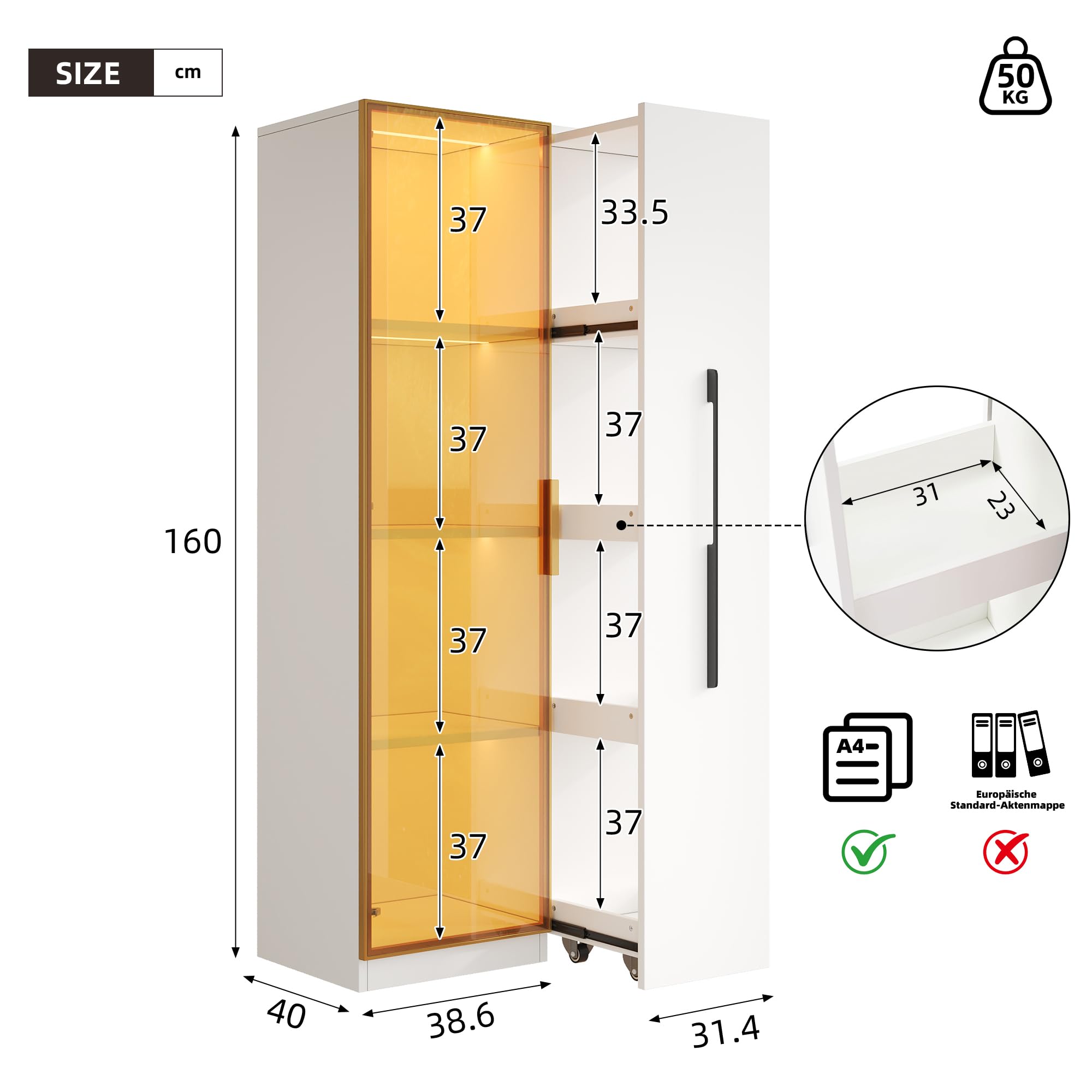 Vitrina grande de 70 × 40 × 160 cm con puertas de cristal, cajones laterales y iluminación LED integrada. Un elegante y versátil mueble de almacenamiento – Vinoteca, estantería.