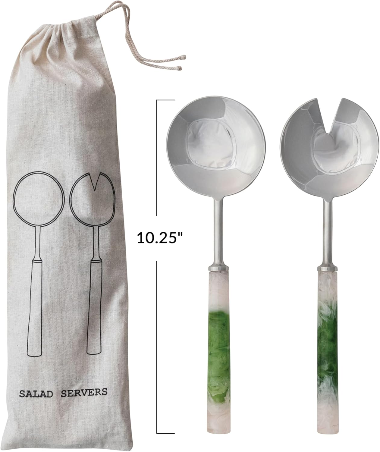 Creative Co-Op 2-Piece Stainless Steel Salad Servers, Green and White