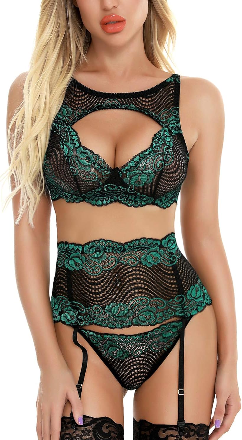 Racicio Women Sexy Lingerie Set With Garter Belt Lace Bralette and G-String Sets(No Stockings)