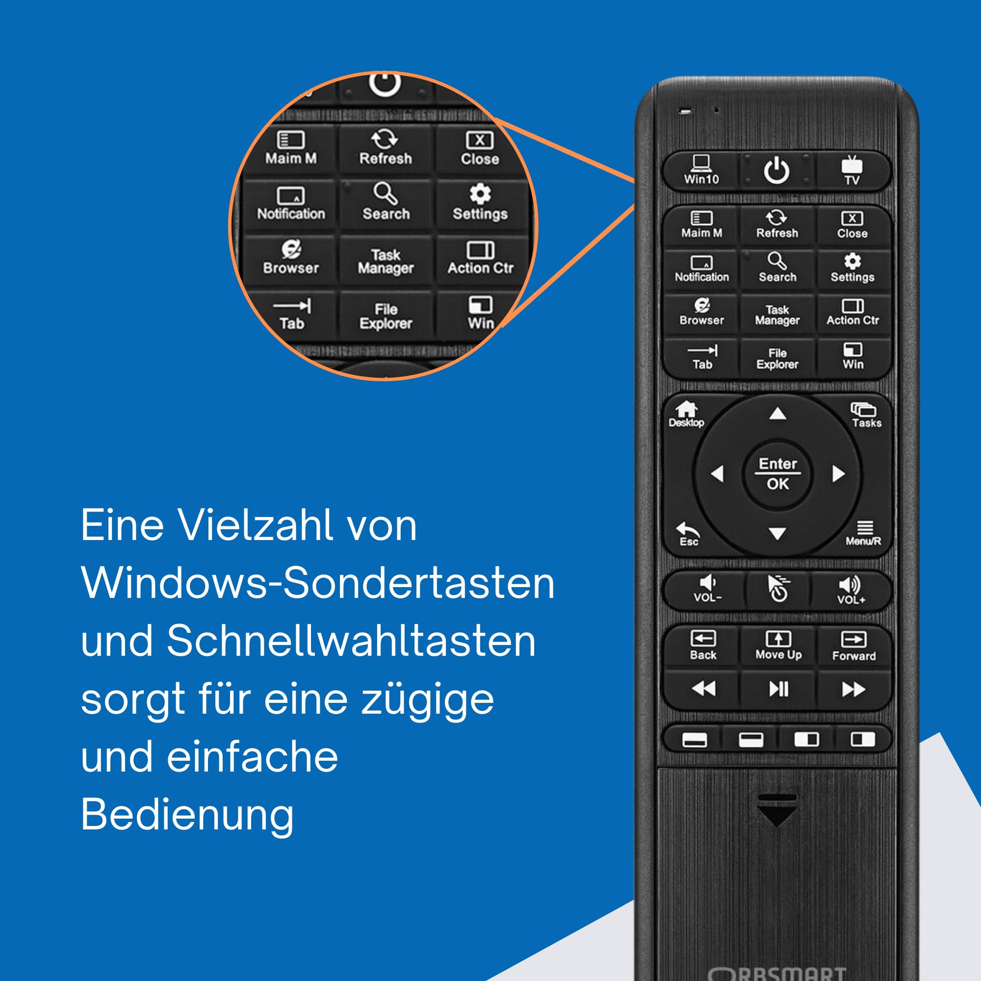 Orbsmart WA-1 Windows Airmouse Tastatur QWERTZ, PC & HTPC Fernbedienung | LED-Beleuchtung & Infrarot-Anlernfunktion. Umfangreiche Sondertasten. Steuerung per Gyro-Sensor