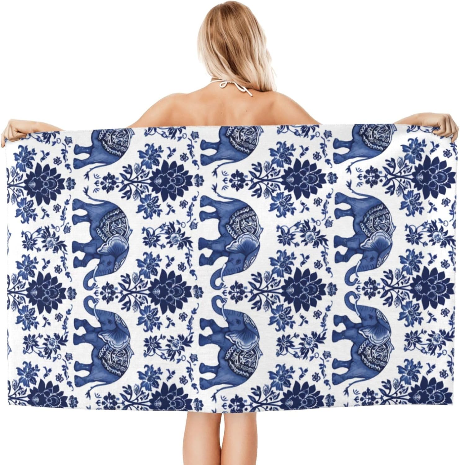 Blue Elephant Beach Towel, 32x52in Microfiber Quick Dry Asian Floral Flower Boho Bath Towels, Soft Lightweight Oversized Sand Free, for Travel Pool Swimming Gym Bohemian Indian Decor, Gifts