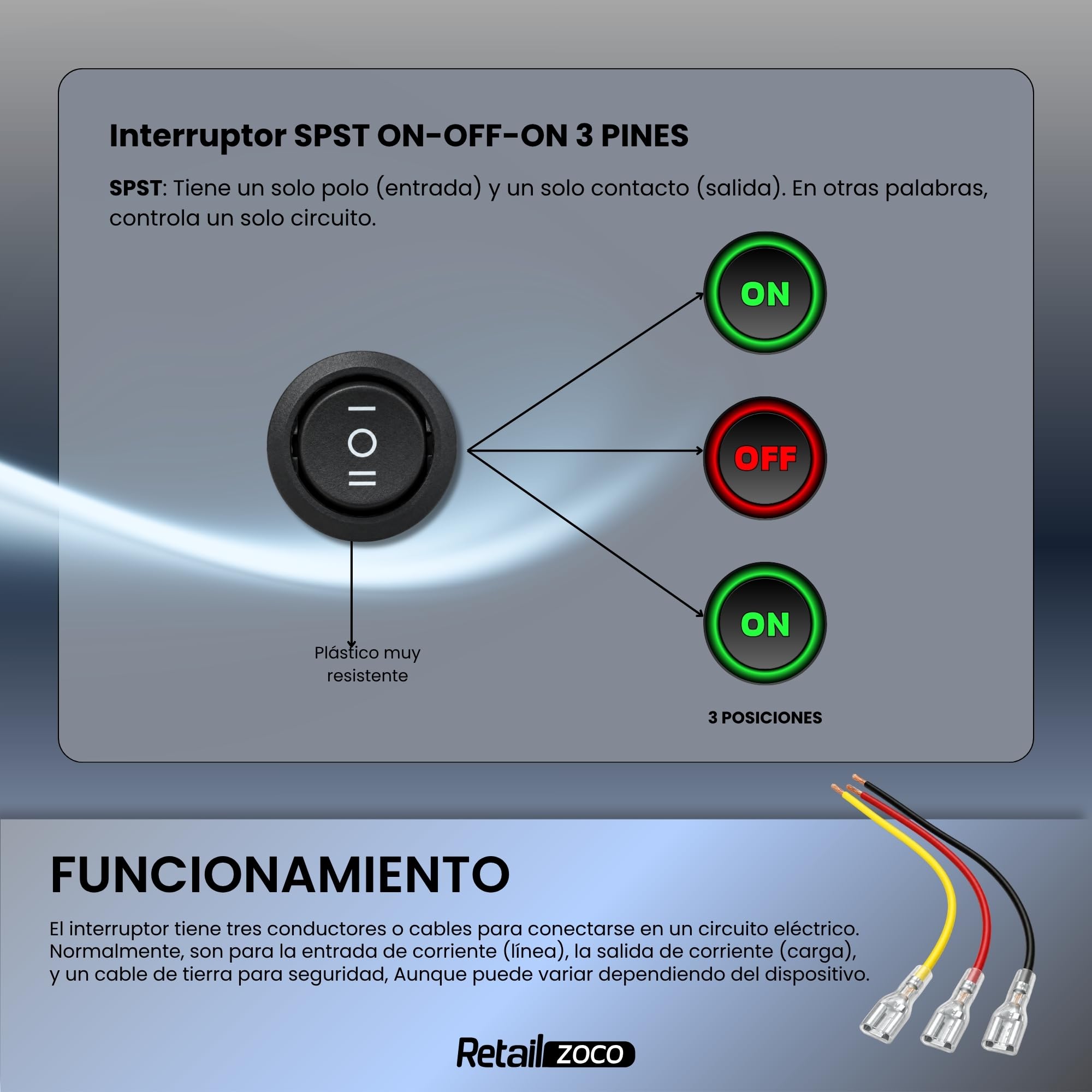 Interruptor Basculante con cable SPDT ON/OFF/ON 3 pin, 1 Unidad - imagen 5