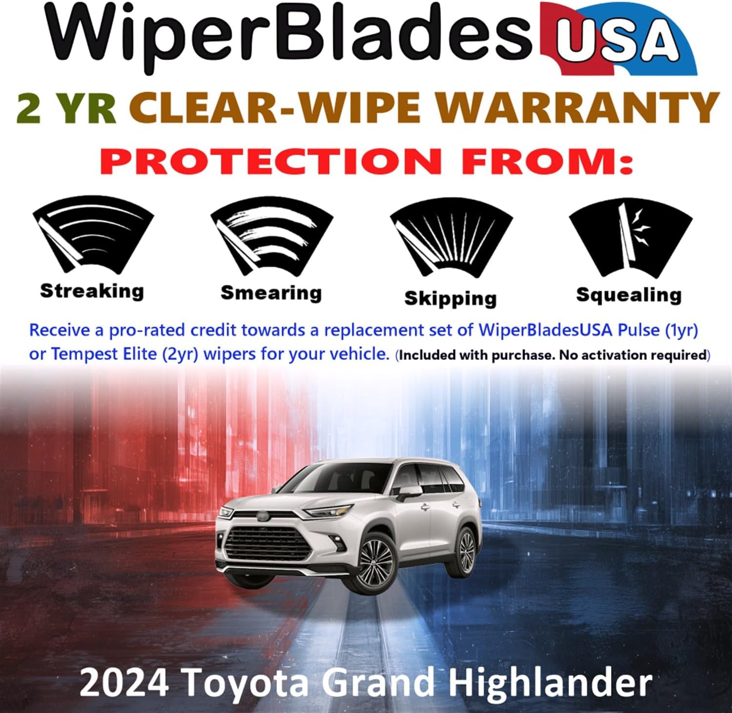 Beam Wiper Blades Set w/2yr Warranty compatible with Toyota Grand Highlander 2024 (Set of 3) w/Rear Wiper Tempest Elite Wipers