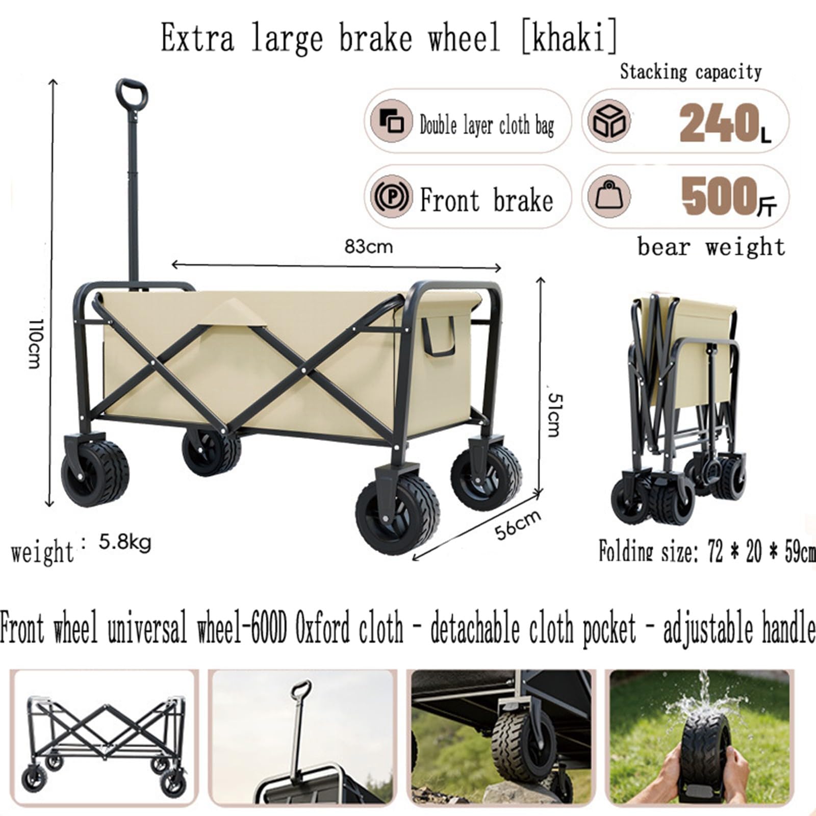 Carrello da Spiaggia Pieghevole Carrello da Giardino Portatutto con Ruote per Ogni Tipo di Terreno Braccioli Regolabili Ruote Rimovibili e Sacchetti per Tazze per Campeggio C