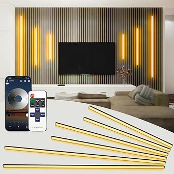 SHUNLEE 6 Pcs Smart Recessed Acoustic Wall Panel Lights, Bluetooth Warm White Acoustic Panel Lighting, Self-Adhesive Black LED Wall Lights for Wood Slat, Kitchen Cabinets, Shelves 40*2+60*2+90*2 cm [Energy Class F]