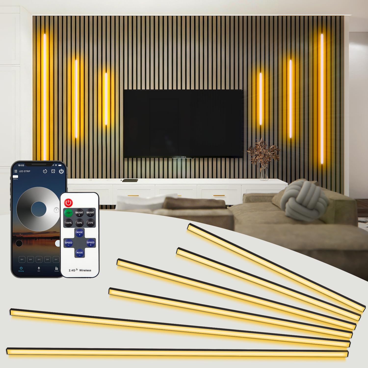 SHUNLEE 6 Stück LED Akustikpaneele Beleuchtung, Smart Bluetooth Schwarzer Eingebetteter LED für Akustikpaneele, 10MM Selbstklebend 2700K Warmweiß Wandpaneele Beleuchtung (40cm*2+60cm*2+90cm*2)