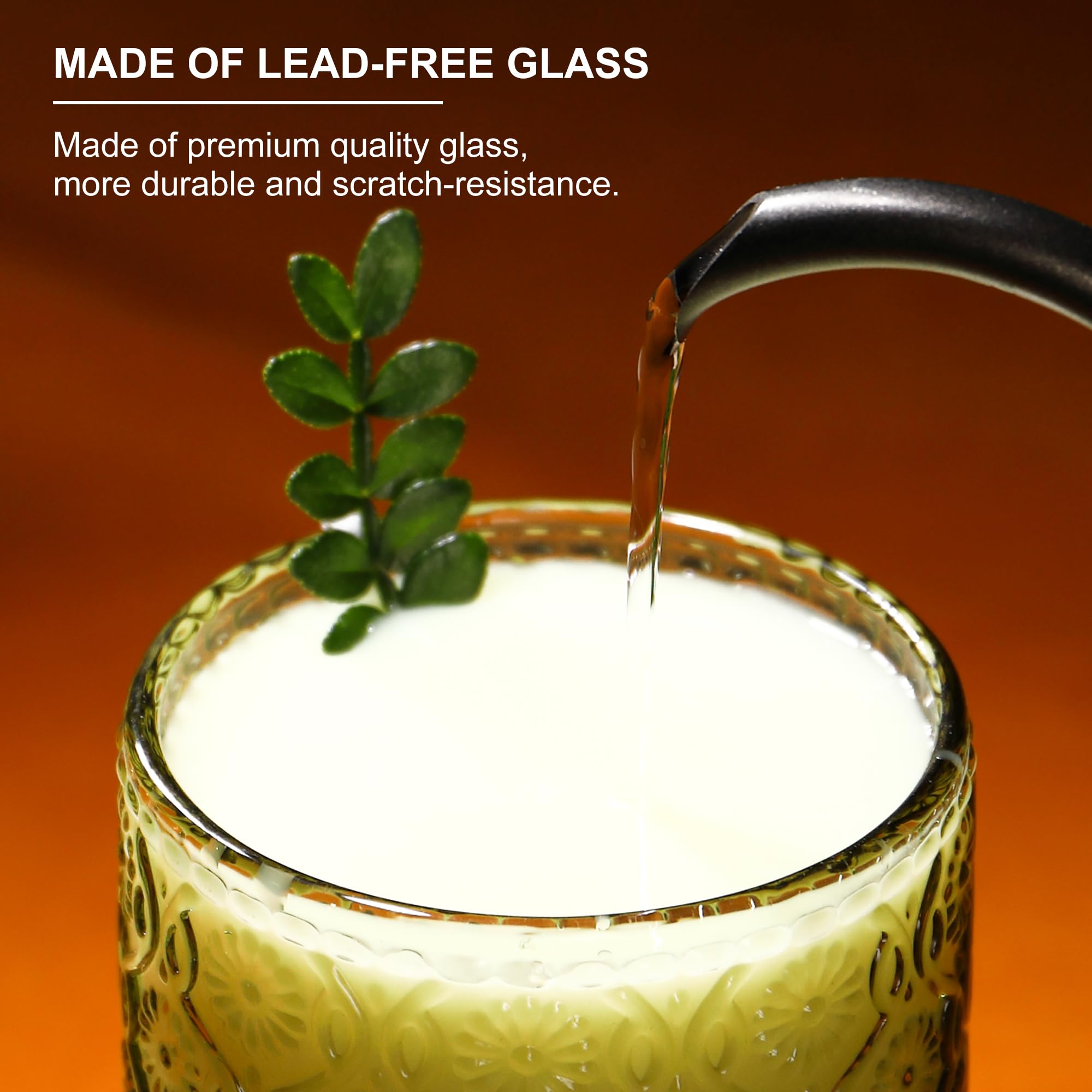 Juego de 12 vasos vintage verdes con relieve floral, vasos altos y de cóctel (12 onzas y 10 onzas) | Ideal para agua, jugo, cerveza, cócteles y whisky