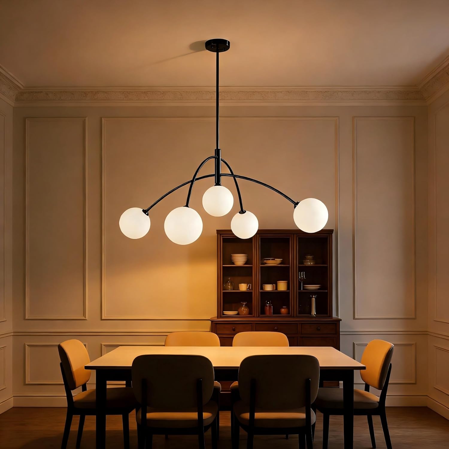 5-Light Contemporary Black Chandeliers for Dining Room Light Fixture, Modern Mid Century Hanging Sputnik Chandelier for Living Room Kitchen Island Entryway Foyer, Milk White Globe Glass Shade