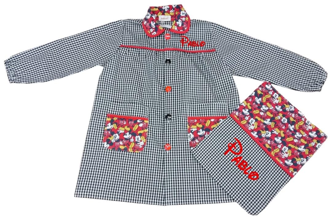 Nenel Conjunto Escolar para Colegio o guardería: Mandilón, babi o Bata Escolar + Bolsa merienda Bordado con el Nombre. Modelo Mickey