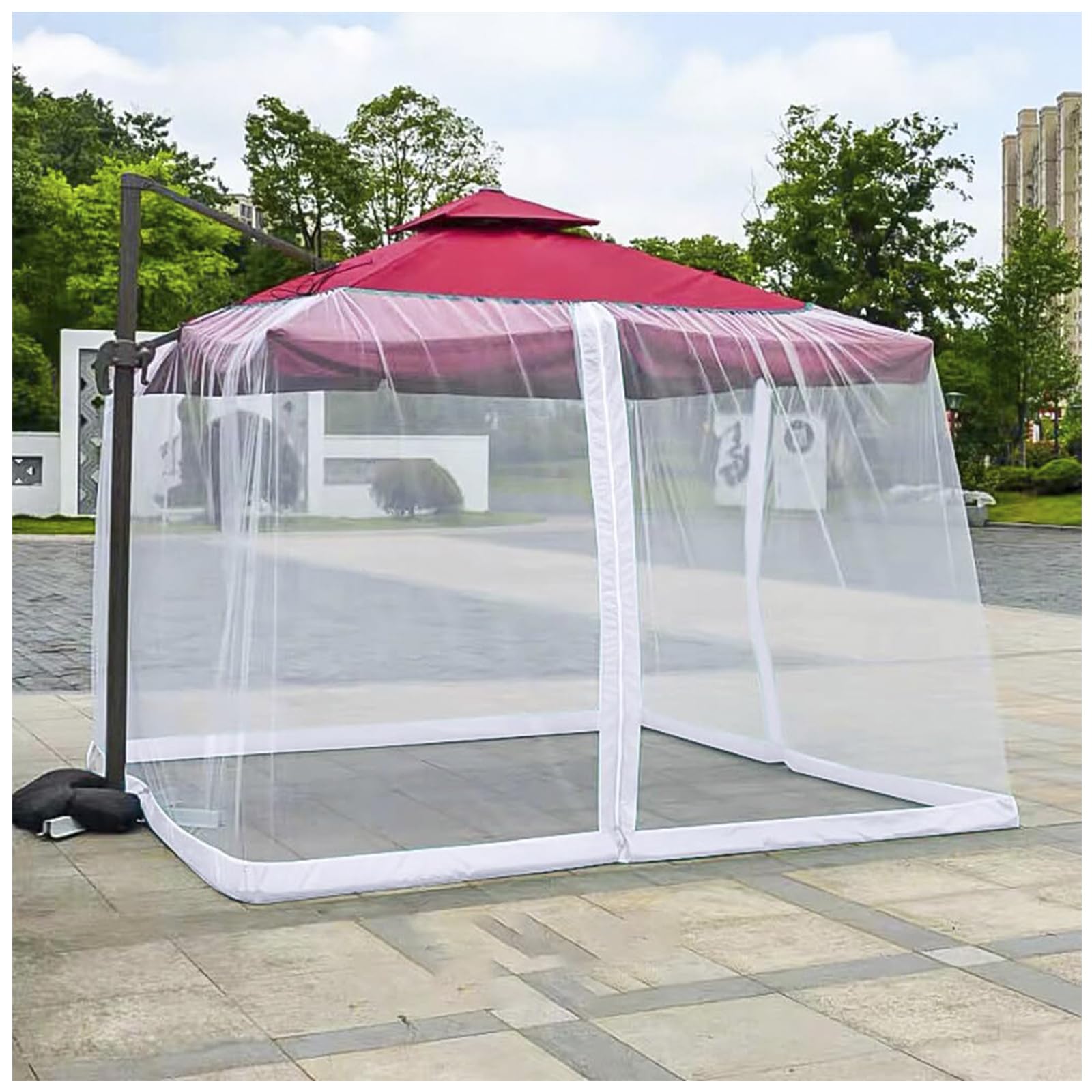 Pjddp White Outdoor Patio Umbrella Netting For 3X3m/10X10ft Roman Parasol, Tear-Resistant Polyester Mosquito Netting Screen Mesh With Zipper Door, Adjustable Rope And Fillable Base,