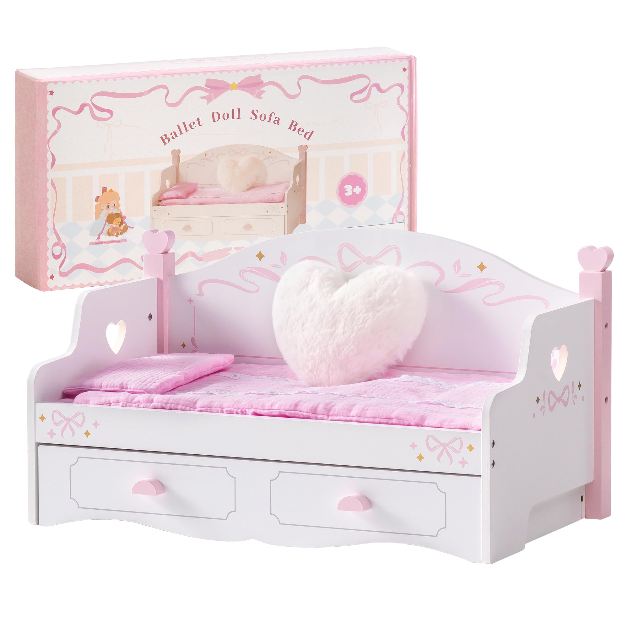ROBOTIME Holz Puppen Doppelbett, Sofa Bett mit Ausziehfunktion, Puppen Etagenbett mit 2 Sets Bettwäsche, Flauschiges Kissen, Puppenmöbel als Geschenk für unter 18", Ballet Fairy Serie - Rosa