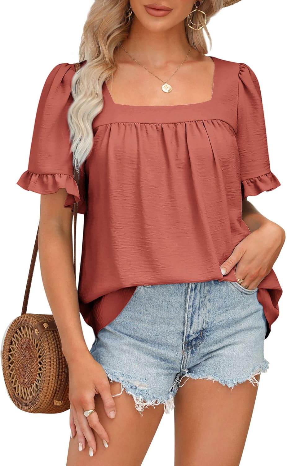BZB Womens Summer Peplum Tops Sqaure Neck Ruffle Sleeve Blouses Fit Flowy Shirts S-2XL
