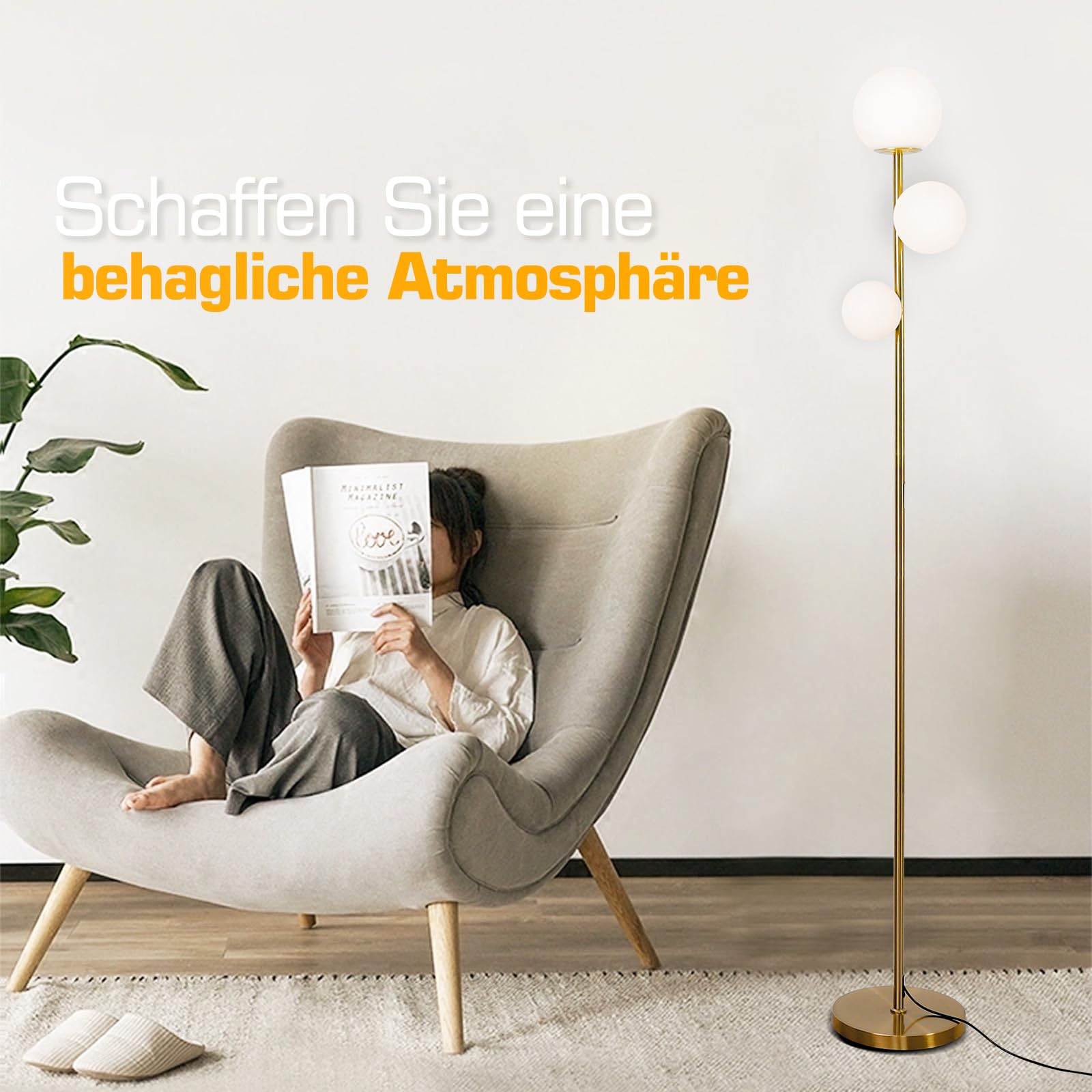 LED Stehlampe 168cm Gold – 3 Rundlichte, dimmbar, Fernbedienung | 168cm Stehlampe Gold | 3 Rundlichte | Dimmbar + Fernbedienung | Farbtemperatur einstellbar | Timer | Wohnzimmer, Büro, Flur