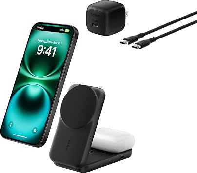 ExclusiveBelkin WIZ038dqBK-A Qi2 25W Ultra Charge Wireless Charger, Worlds First Charging Stand, 2 in 1 Square Model, Qi2 Official Certified, MagSafe Fast Charging, iPhone 17, 16 - 12