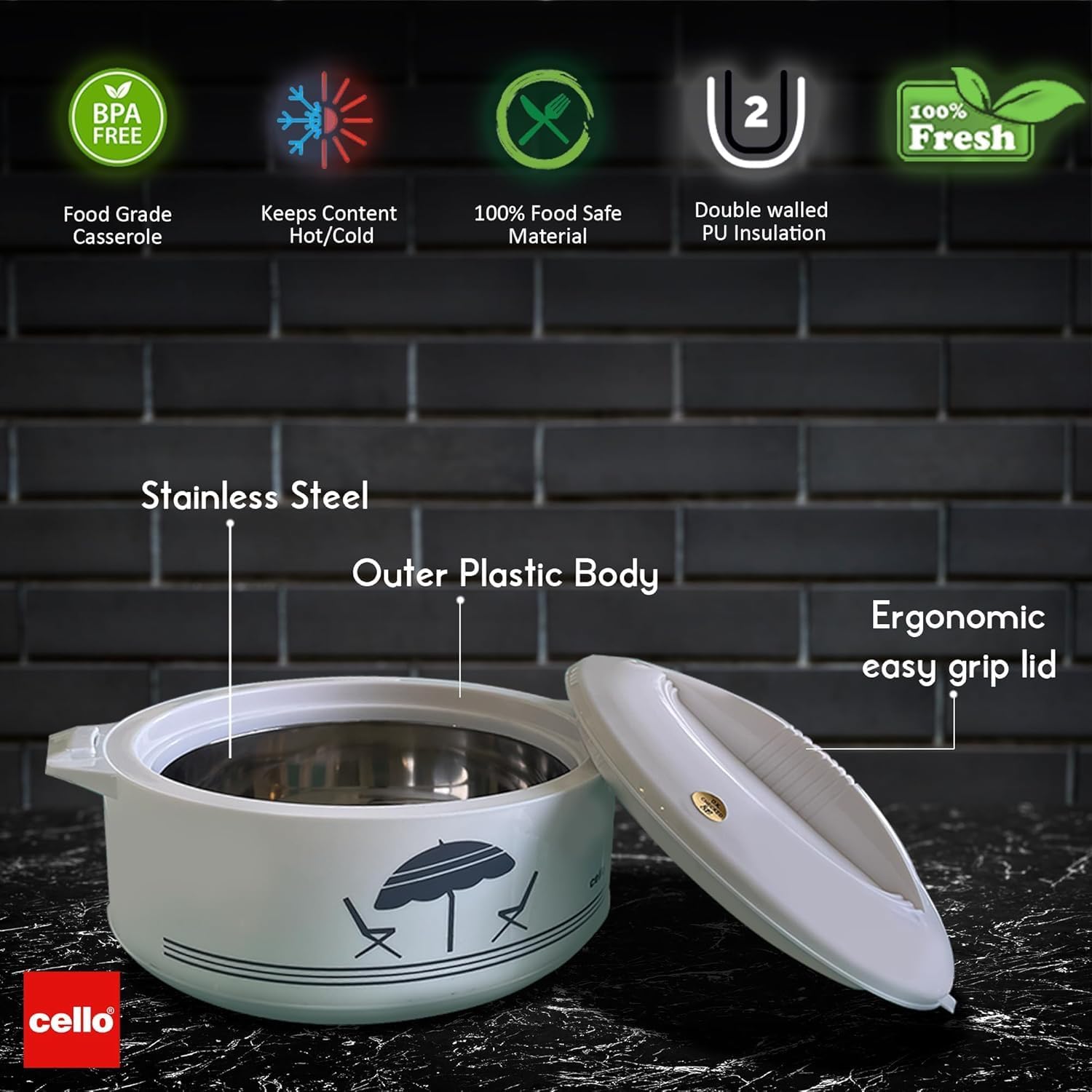 Cello Chef Super 3 pcs Jumbo Insulated Hot Pot Casserole Gift Set 2300ml, 3300ml, 4850ml (White)