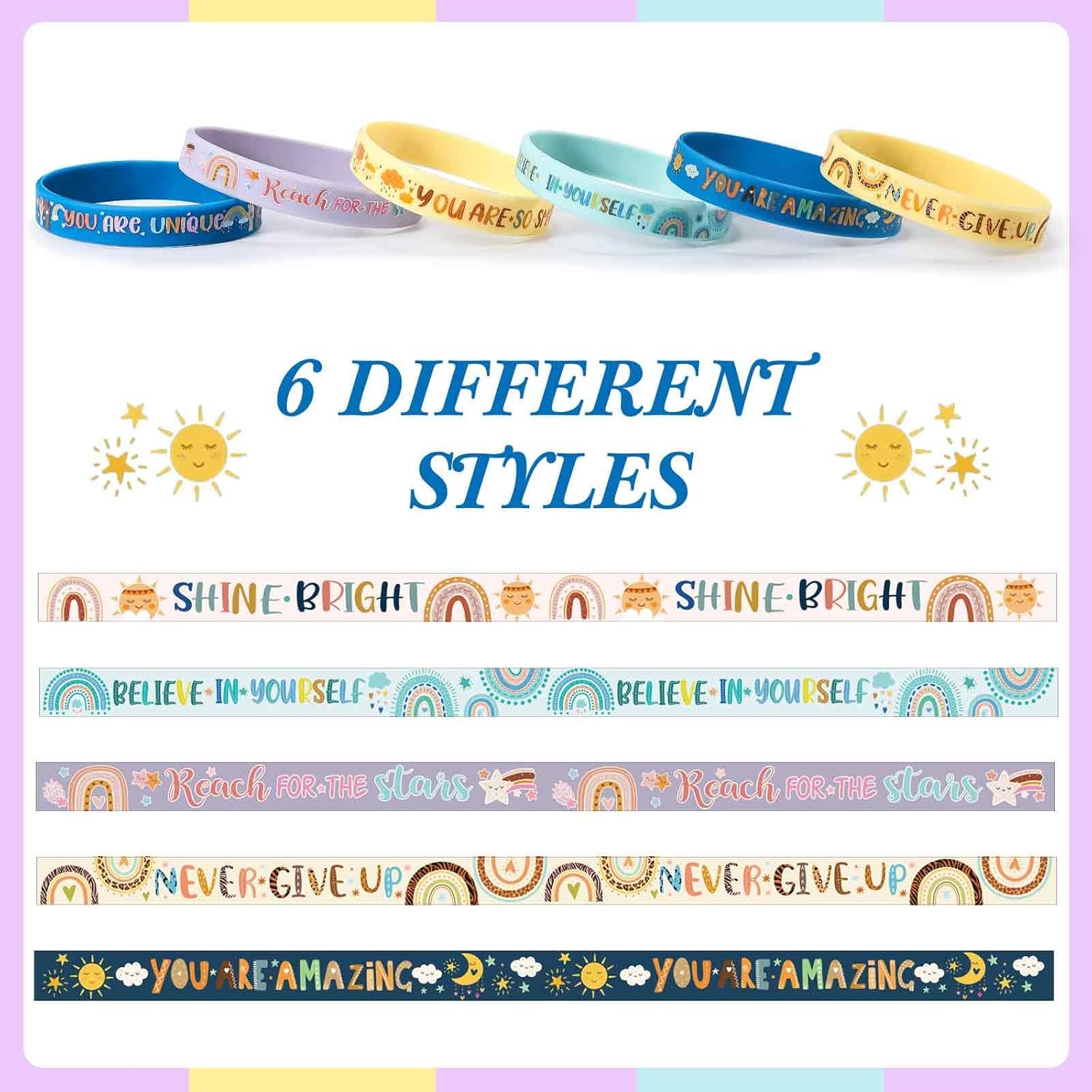 Poen 48 Pcs Motivational Silicone Bracelets Rainbow Inspirational Silicone Boho Wristbands Back to School Gifts for Kids Students Teachers School Classroom Prizes - Image 3