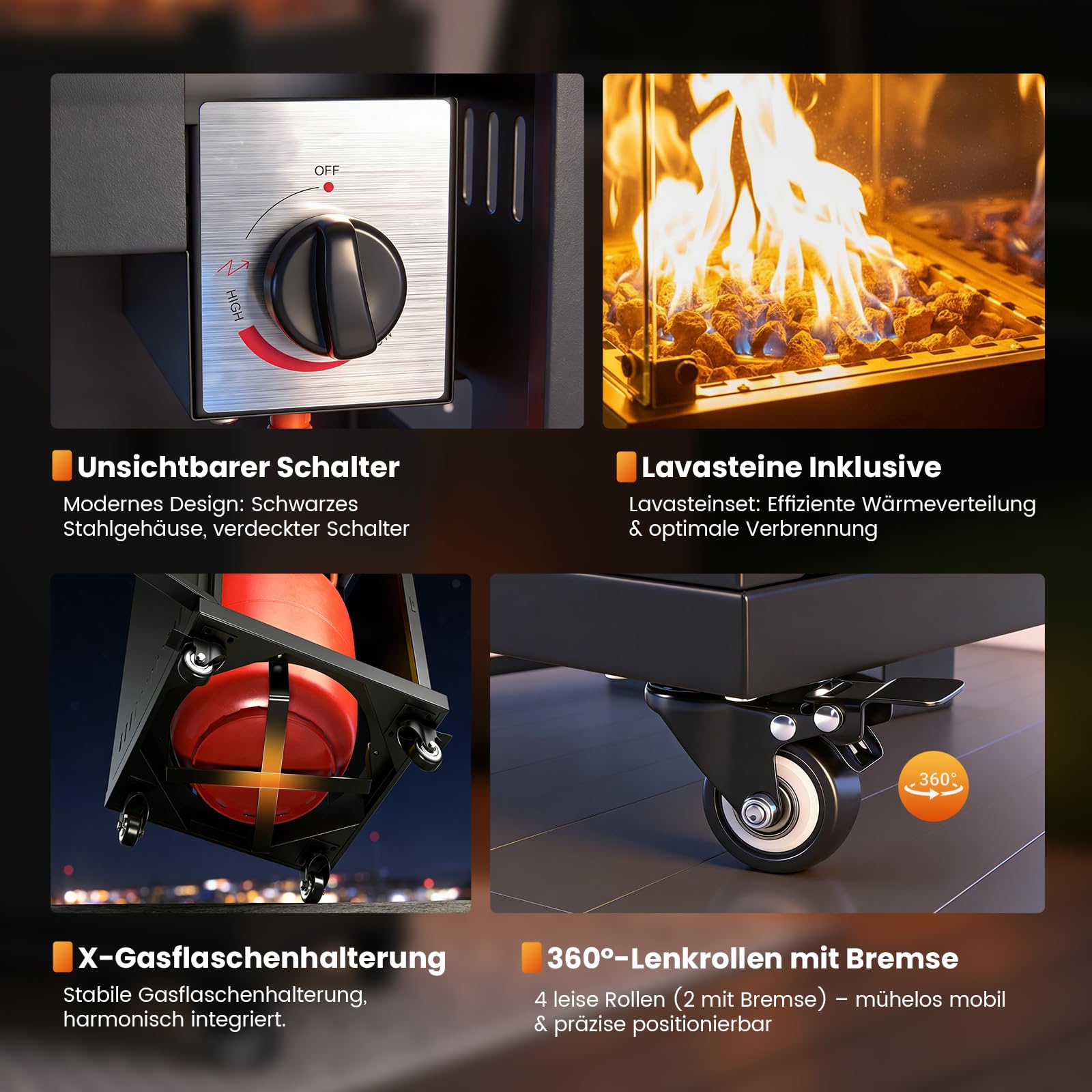 Sweetcrispy Heizstrahler Terrasse Gas 11 kW, Terrassenheizer, Propan Butan Gasheizstrahler, Mobiler Tragbarer Heizpilz, 360° Rollen Kippschutz, Gasheizung Gasheizer für Outdoor Garten, Schwarz