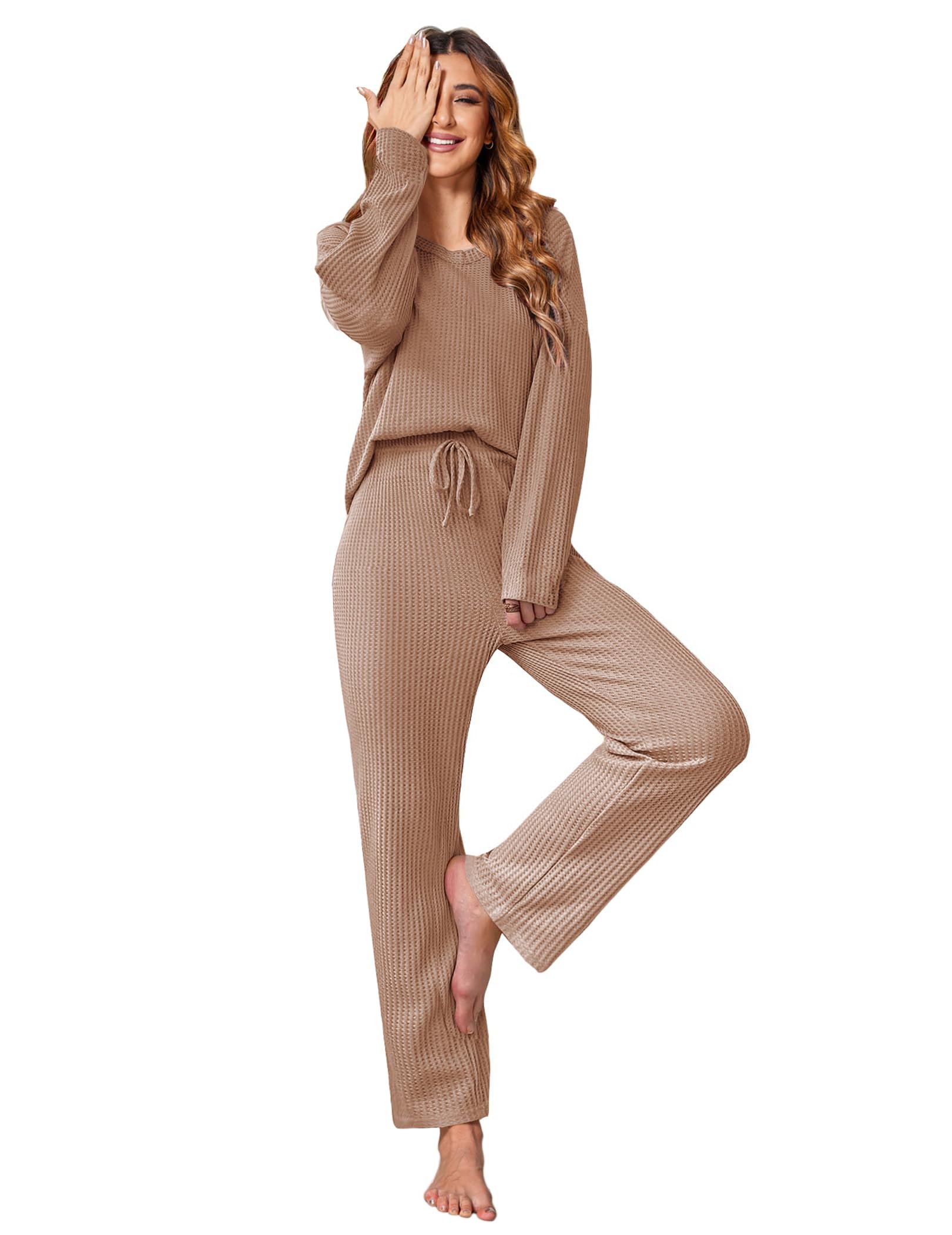 Ekouaer Waffle Knit Pajama Set