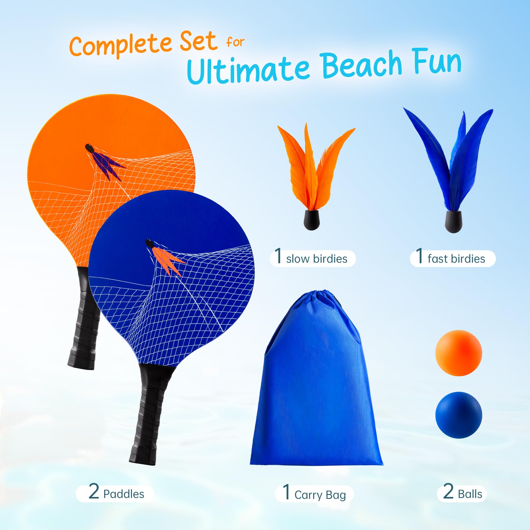 U&C Planet Beachball Set Paddle Ball Game Wooden Beach Bat Set Racket Game for Children&Family 2 Paddles 2 Balls and 2 Birdies Toys for Garden Beach Party - Image 2