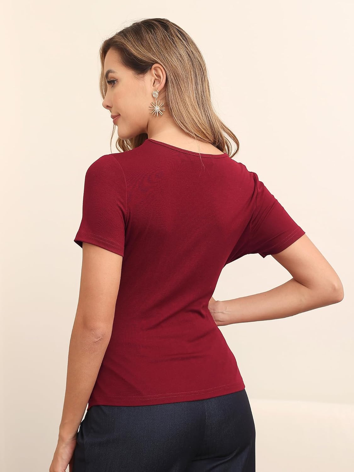 M.Infisavo Women’s Casual Tops with Front Twist Knotted Short Sleeve Round Neck Shirts Basic Trendy Blouses Outfit Slim Fit - Image 4