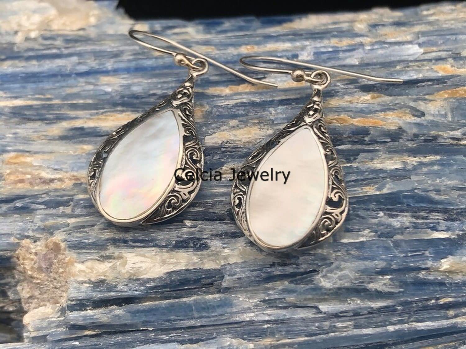 Solido argento sterling 925 orecchini a goccia per le donne, madreperla naturale pietra preziosa pera bellissimo regalo artigianale giugno Birthstone