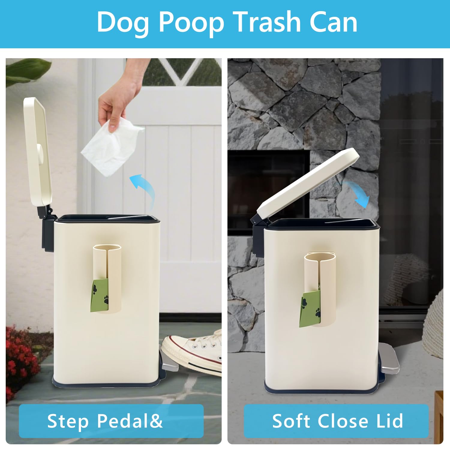 Dog Poop Trash Can Outside with Magnetic Bag Dispenser-Metal Dog Waste Container Odor Control- Rust Proof& Waterproof-Outdoor Waste Trash Can with Lid-Garbage Can&Foot Pedal-Pet Poop Bucket Soft Close