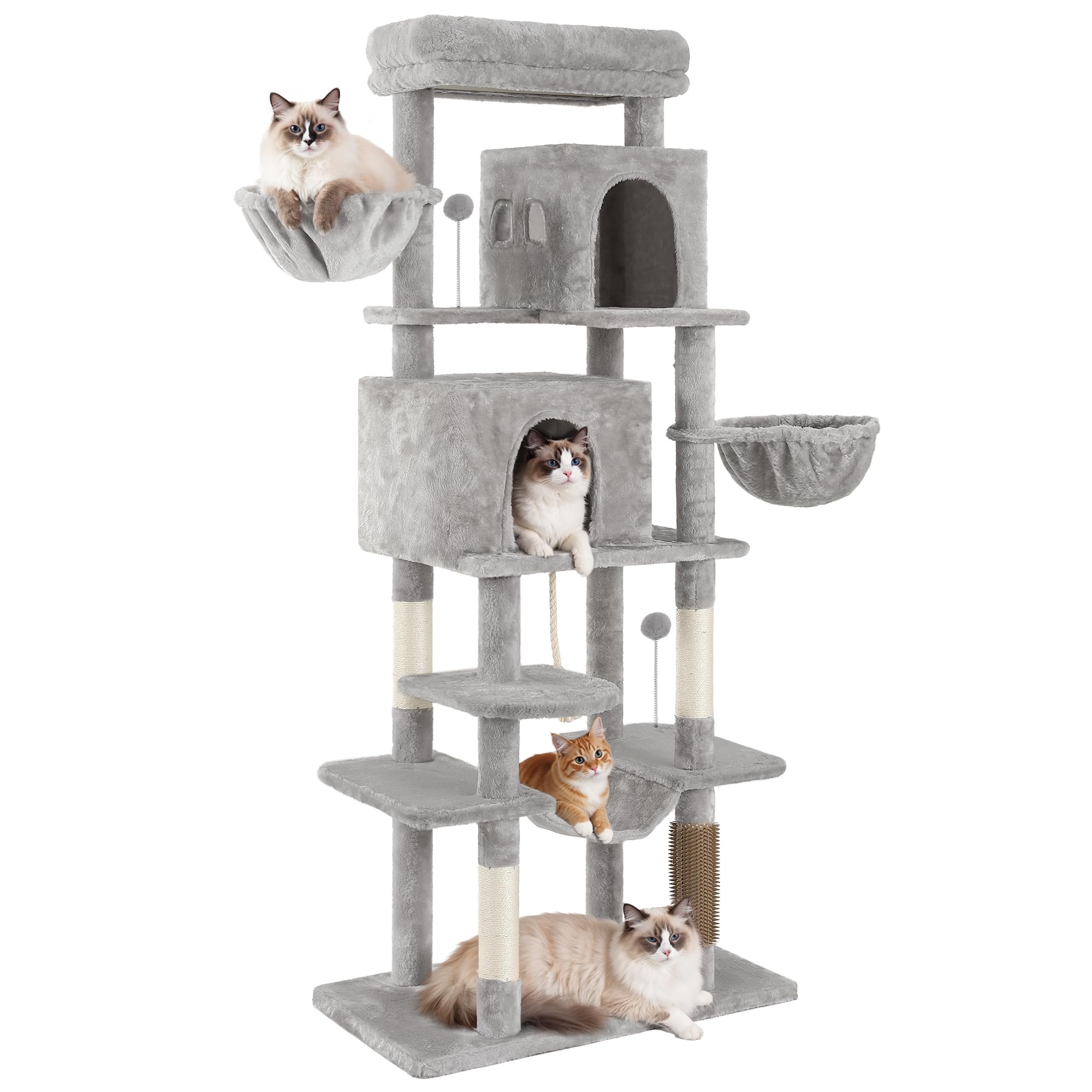 YITAHOME Large Cats Tree Tower, Height 176 cm, XL Cat Tree, Multi-Tier Cat Scratching Post with 2 Caves, 2 Baskets, Hammock, Plush Balls, Cat Brushes, Light Grey