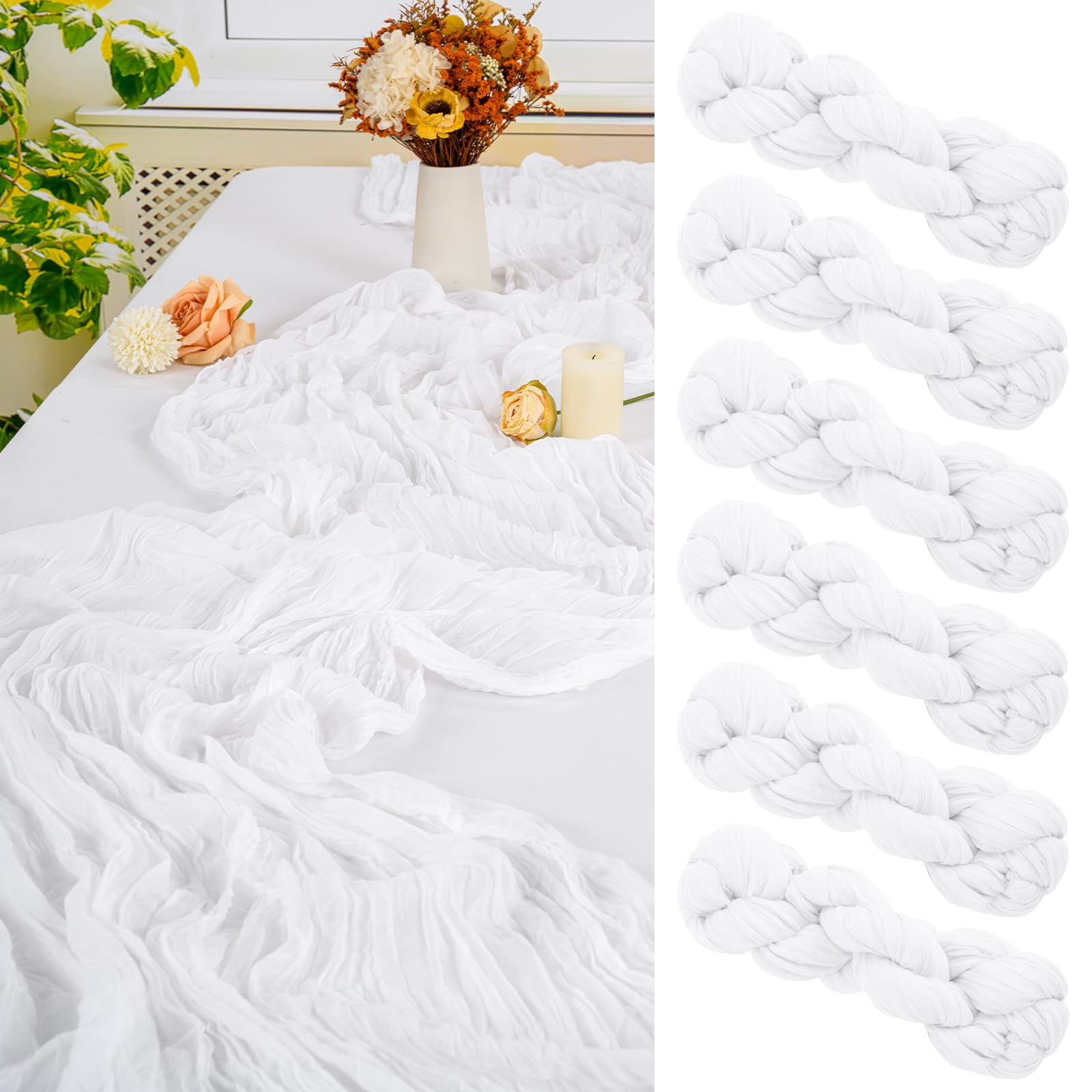 6 PCS White Cheesecloth Table Runner, 300cm 10FT Long Gauze Table Runners for Weddings, Boho Rustic Romantic Sheer Decor for Reception, Party & Bridal Shower, Reinforced Edges