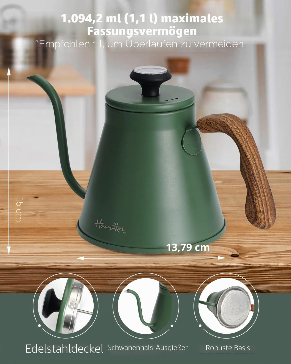 Harriet Schwanenhals-Wasserkocher, 1048.9 g Pour Over Wasserkocher für Herd, Kaffeekessel mit Thermometer, Edelstahlkessel mit 3-lagigem Boden, Anti-Heiß-Griff, für Tropfkaffee und Tee, Grün