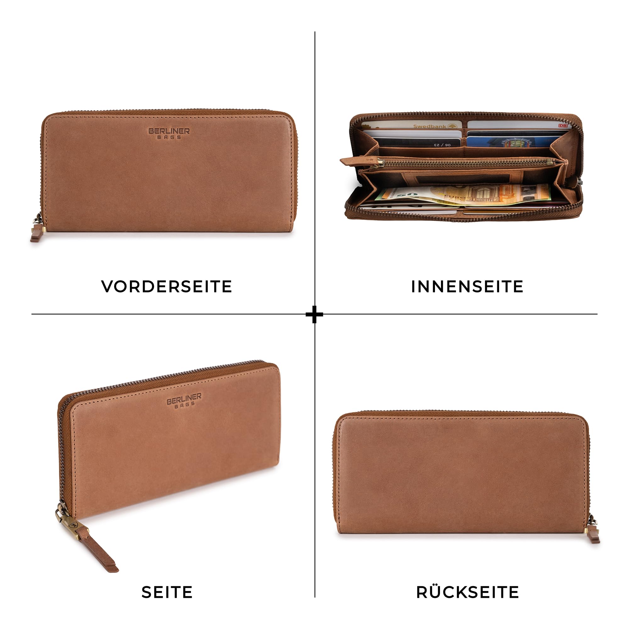 Berliner Bags Vintage Geldbörse Palma, Große Portemonnaie, Geldbeutel aus Leder, mit TÜV-geprüftem RFID-Schutz, inkl Geschenk-Box, für Damen - Braun