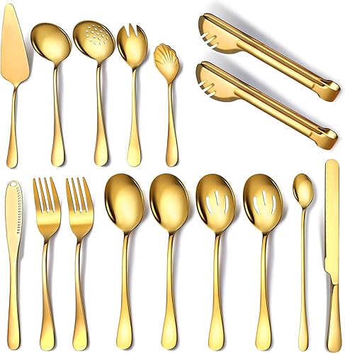 Keyoxy Utensilios dorados para servir, 16 piezas de utensilios de acero inoxidable con cuchara de servir, cucharas ranuradas, tenedores, cucharón de