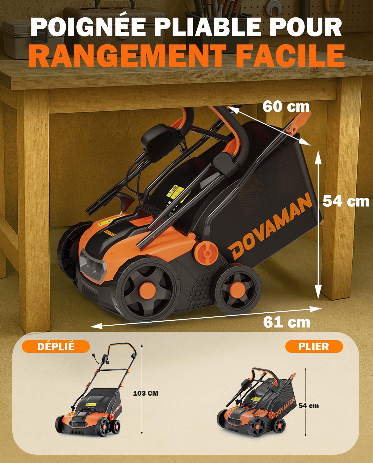 DOVAMAN DS16A 2-en-1 Scarificateur & Aérateur Électrique, 1500W, Largeur 40cm, 5 Profondeurs Réglables, Design Pliable, Bac 45L, Hauteur Réglable, Léger, Idéal pour Scarifier et Aérer