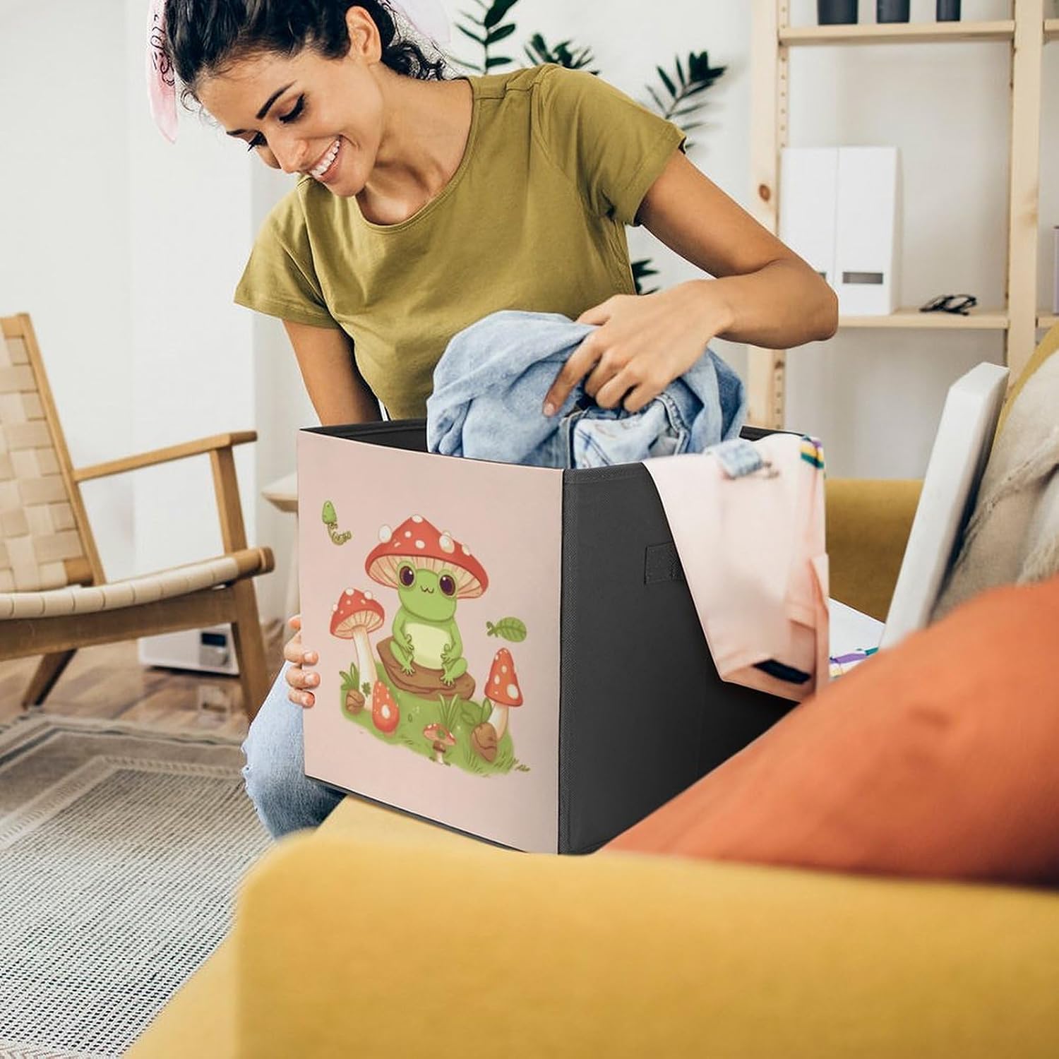 Folding Storage Bins Oxford Fabric Clothes Storage Boxes with Handles | Cute Frogs And Mushrooms Cube Organizer, Easy to Store, Multi Functional Cube Storage Organizer for Office Bedroom